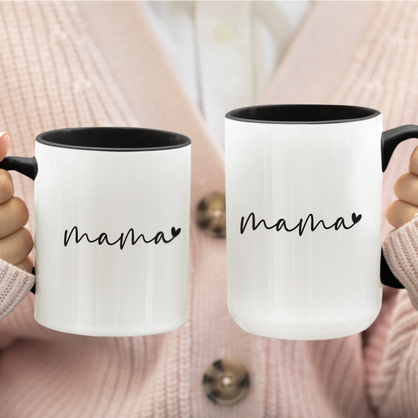 Modern 11 & 15 oz white ceramic mug with a sleek black interior and matching black handle, featuring elegant handwritten-style text that says “mama” with a small heart accent. Perfect for gifting to stylish moms who appreciate minimalistic design with a heartfelt touch — ideal for Mother’s Day, birthdays, or everyday coffee moments.