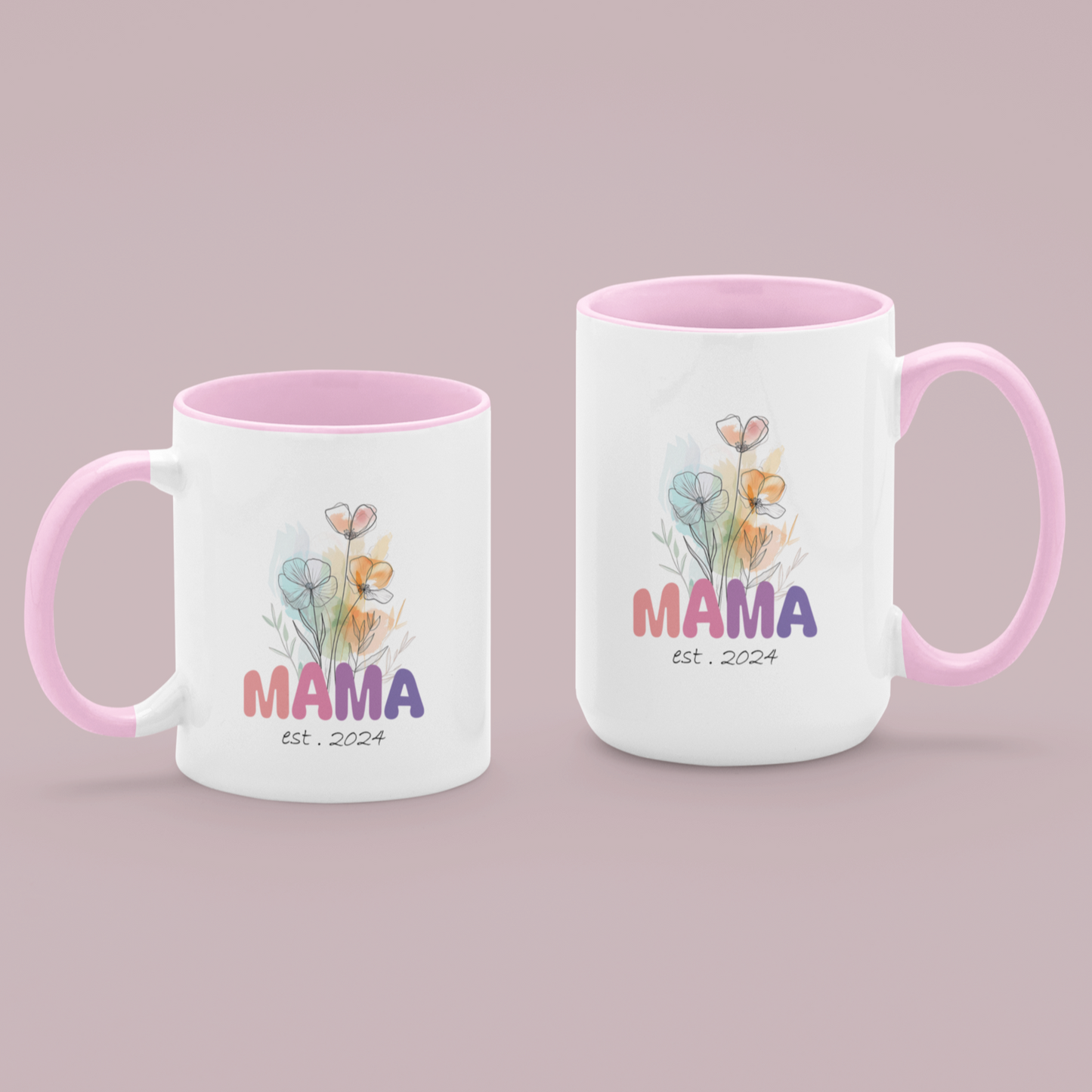 Adorable 11 & 15 oz white ceramic coffee mug with a glossy finish, featuring a soft pink interior and matching pink handle. The design showcases a delicate watercolor floral bouquet above the word “MAMA” in cheerful gradient tones from pink to purple, with the text “est. 2024” in a stylish handwritten script below. This mug is a perfect gift for new moms celebrating their first Mother's Day or a sweet keepsake marking the beginning of their motherhood journey.