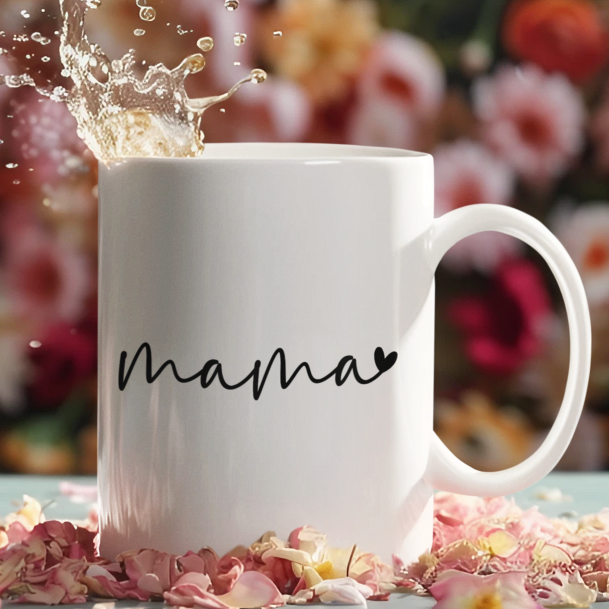 Sleek 11 oz white ceramic coffee mug featuring a minimalist black handwritten-style script that reads “mama” with a small heart accent at the end. The mug has a smooth, glossy finish and a large, easy-grip handle. Perfect for gifting to moms who appreciate simple, modern design and a daily reminder of their cherished role. Ideal for Mother’s Day, birthdays, or everyday appreciation.