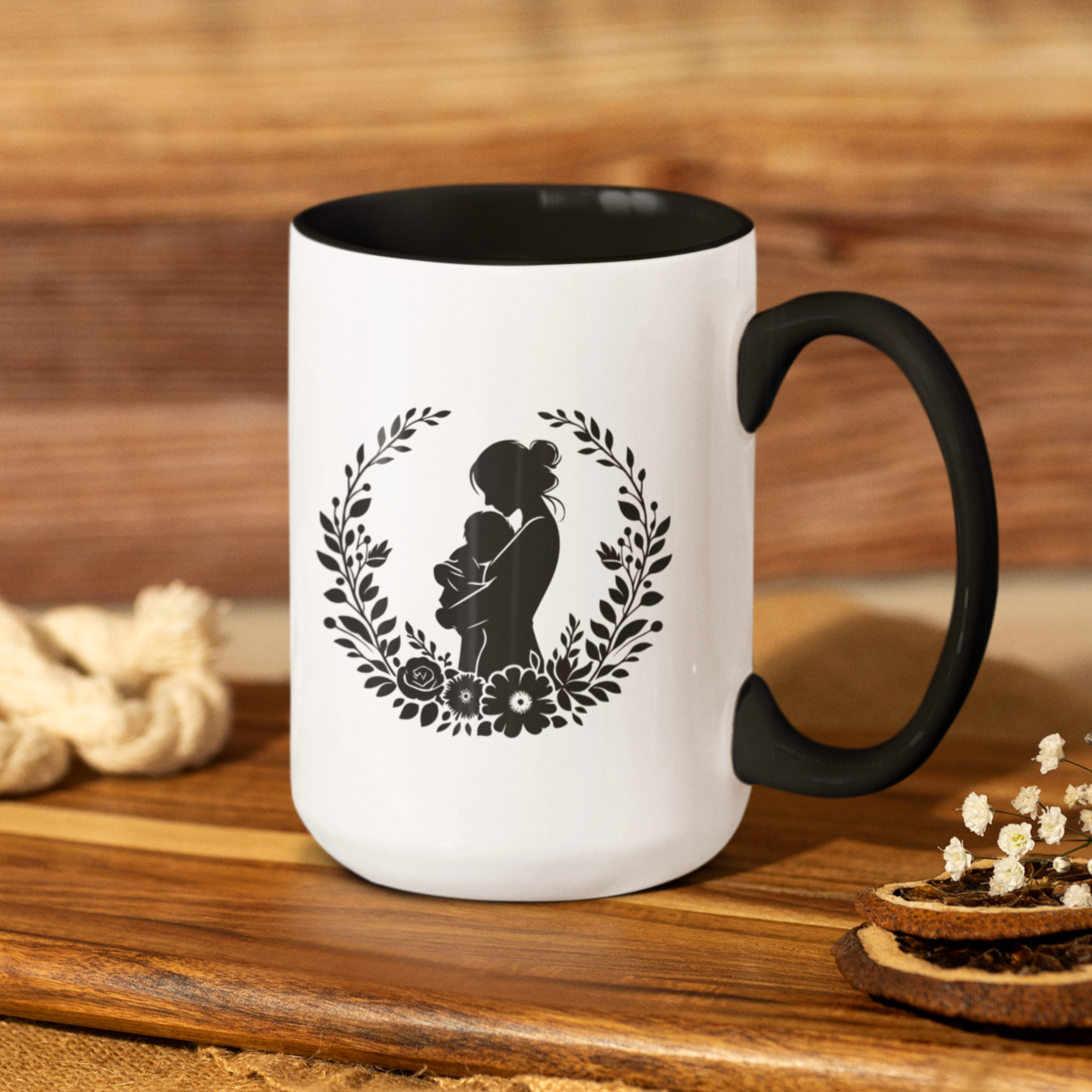 Beautiful white ceramic mug with a black interior and handle, showcasing a heartfelt silhouette design of a mother lovingly holding her baby, surrounded by a delicate floral wreath. This mug is perfect for celebrating motherhood. Ideal as a thoughtful gift for new moms, Mother’s Day, or baby showers. Microwave and dishwasher safe, this mug combines warmth, style, and durability for everyday use.