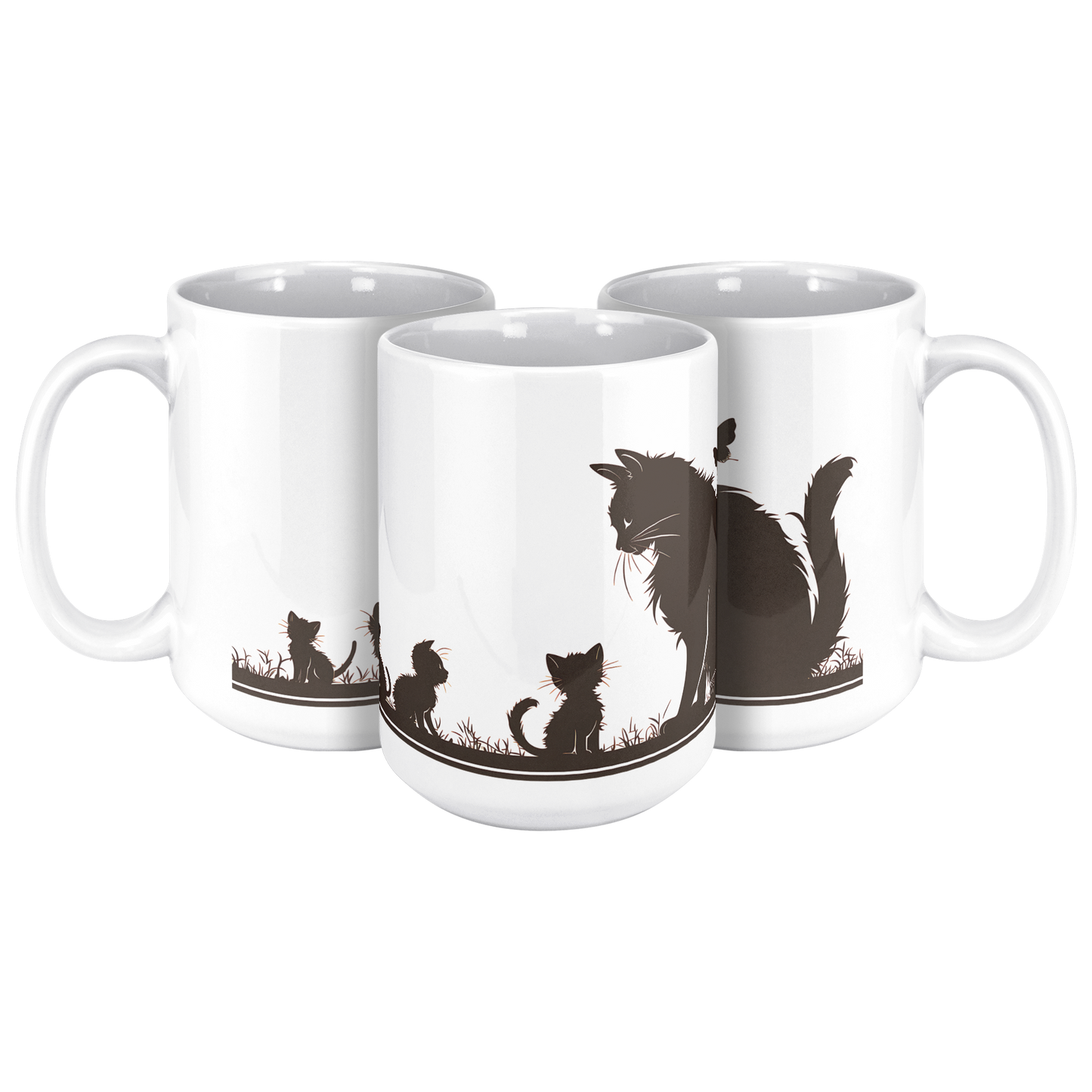 Charming white ceramic coffee mug featuring a heartwarming black silhouette design of a proud Papa cat watching over four playful kittens in a grassy setting. A butterfly flutters above, adding a whimsical touch to the peaceful scene. The wraparound artwork is beautifully printed across the surface, making it a perfect gift for cat Dad, feline lovers, or anyone who enjoys cozy mornings with a touch of pet-inspired charm. Durable, high-quality mug ideal for daily use or gifting.
