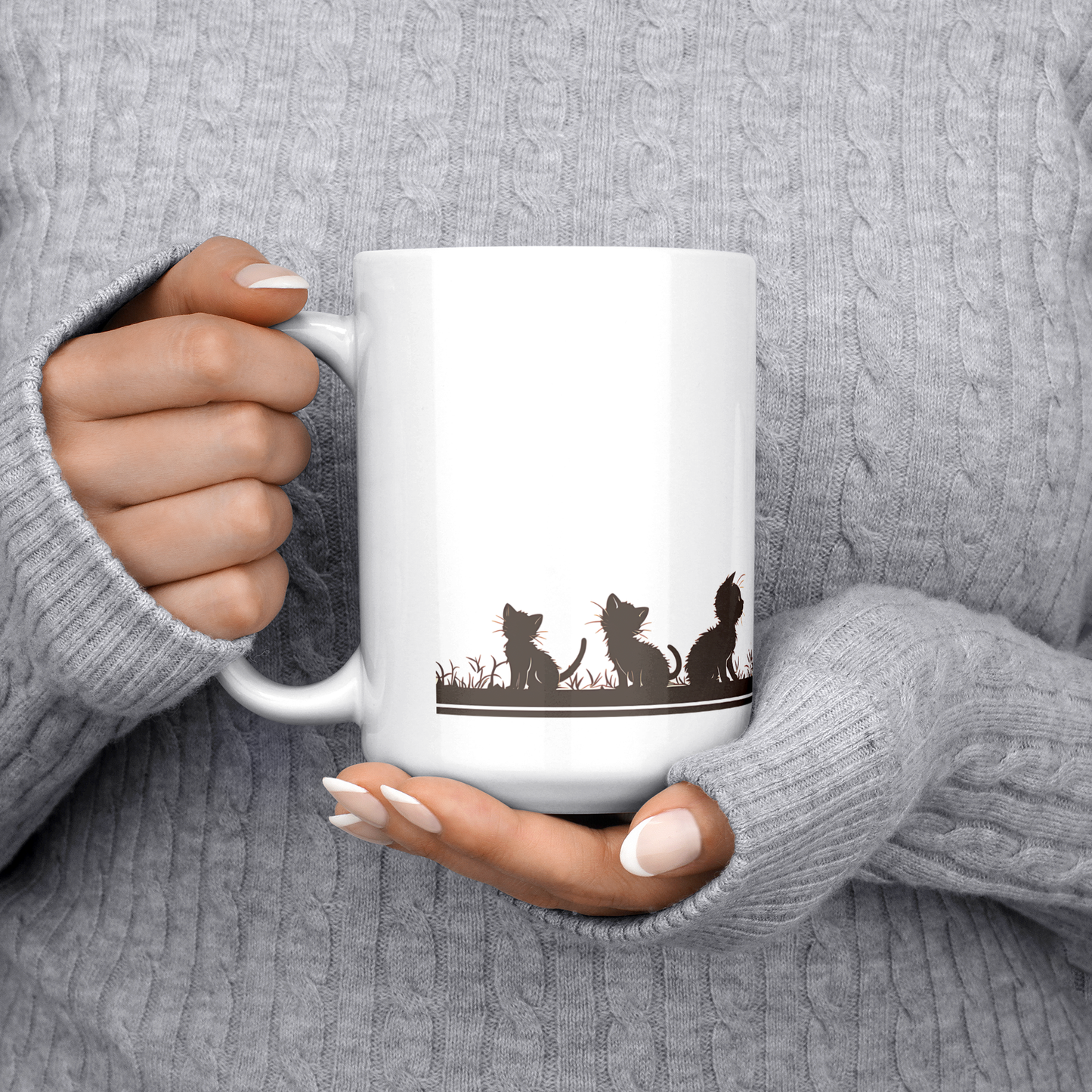 Charming white ceramic coffee mug featuring a heartwarming black silhouette design of a proud Papa cat watching over four playful kittens in a grassy setting. A butterfly flutters above, adding a whimsical touch to the peaceful scene. The wraparound artwork is beautifully printed across the surface, making it a perfect gift for cat Dad, feline lovers, or anyone who enjoys cozy mornings with a touch of pet-inspired charm. Durable, high-quality mug ideal for daily use or gifting.