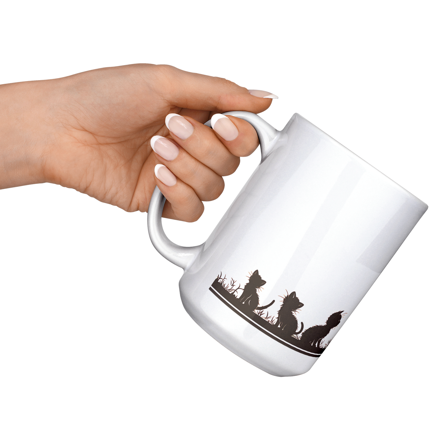 Charming white ceramic coffee mug featuring a heartwarming black silhouette design of a proud Papa cat watching over four playful kittens in a grassy setting. A butterfly flutters above, adding a whimsical touch to the peaceful scene. The wraparound artwork is beautifully printed across the surface, making it a perfect gift for cat Dad, feline lovers, or anyone who enjoys cozy mornings with a touch of pet-inspired charm. Durable, high-quality mug ideal for daily use or gifting.