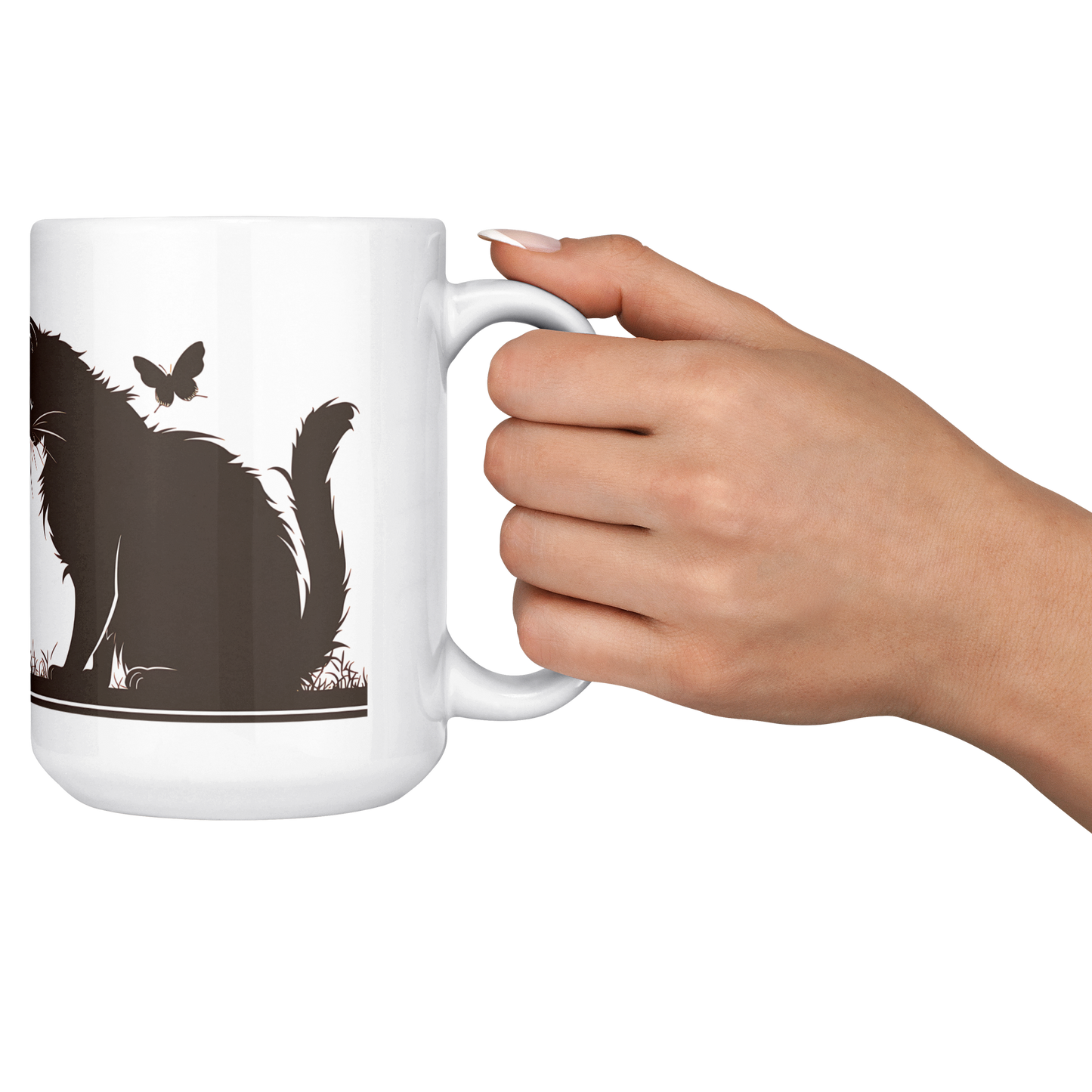 Charming white ceramic coffee mug featuring a heartwarming black silhouette design of a proud Papa cat watching over four playful kittens in a grassy setting. A butterfly flutters above, adding a whimsical touch to the peaceful scene. The wraparound artwork is beautifully printed across the surface, making it a perfect gift for cat Dad, feline lovers, or anyone who enjoys cozy mornings with a touch of pet-inspired charm. Durable, high-quality mug ideal for daily use or gifting.