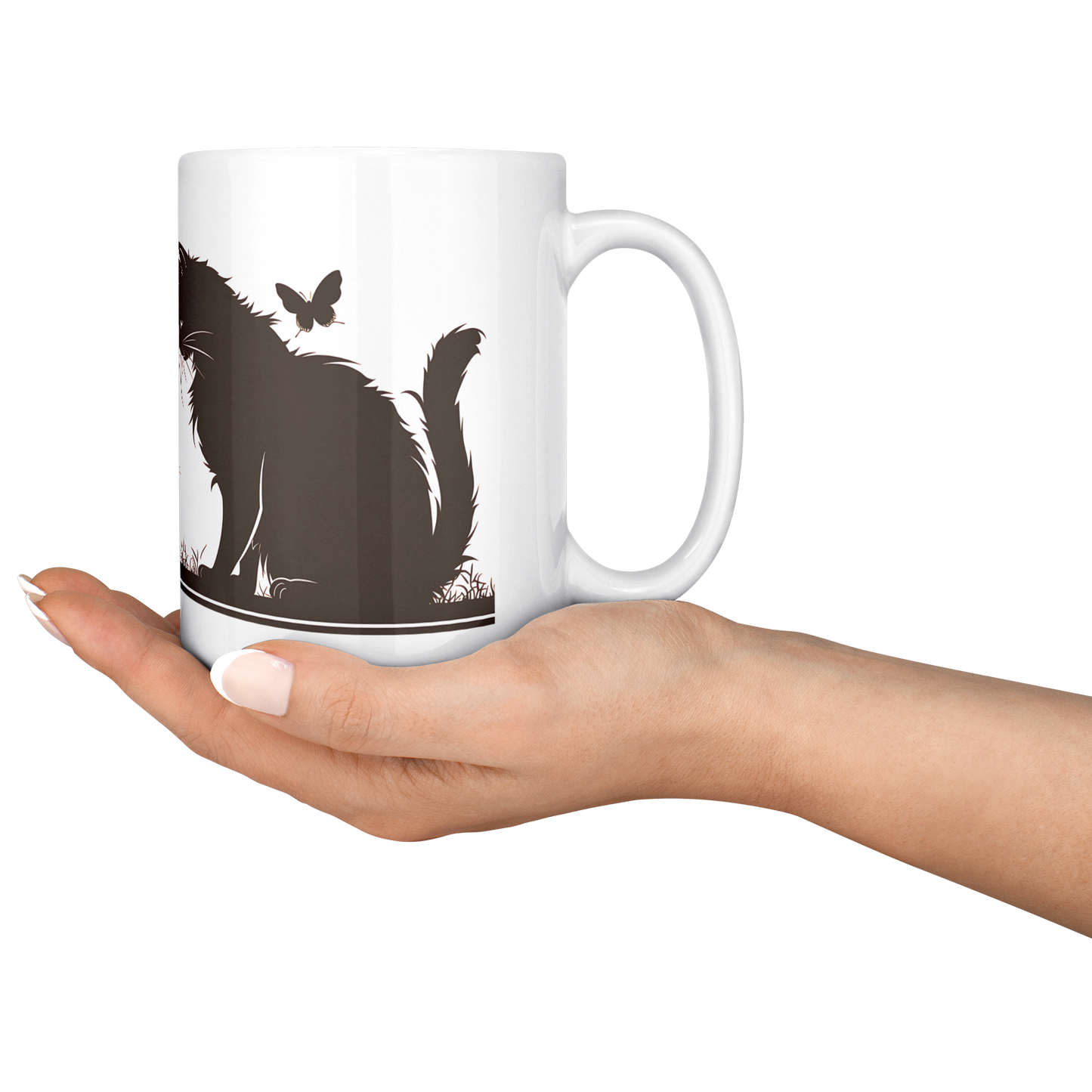 Charming white ceramic coffee mug featuring a heartwarming black silhouette design of a proud Papa cat watching over four playful kittens in a grassy setting. A butterfly flutters above, adding a whimsical touch to the peaceful scene. The wraparound artwork is beautifully printed across the surface, making it a perfect gift for cat Dad, feline lovers, or anyone who enjoys cozy mornings with a touch of pet-inspired charm. Durable, high-quality mug ideal for daily use or gifting.