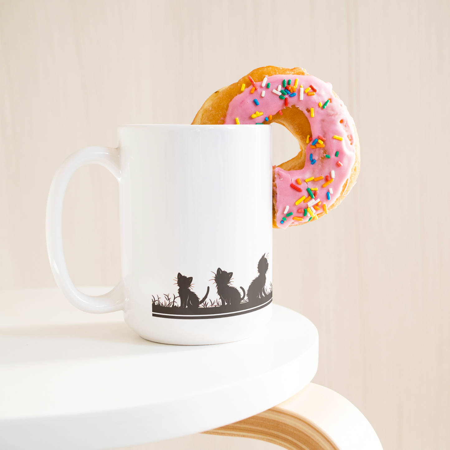 Charming white ceramic coffee mug featuring a heartwarming black silhouette design of a proud Papa cat watching over four playful kittens in a grassy setting. A butterfly flutters above, adding a whimsical touch to the peaceful scene. The wraparound artwork is beautifully printed across the surface, making it a perfect gift for cat Dad, feline lovers, or anyone who enjoys cozy mornings with a touch of pet-inspired charm. Durable, high-quality mug ideal for daily use or gifting.