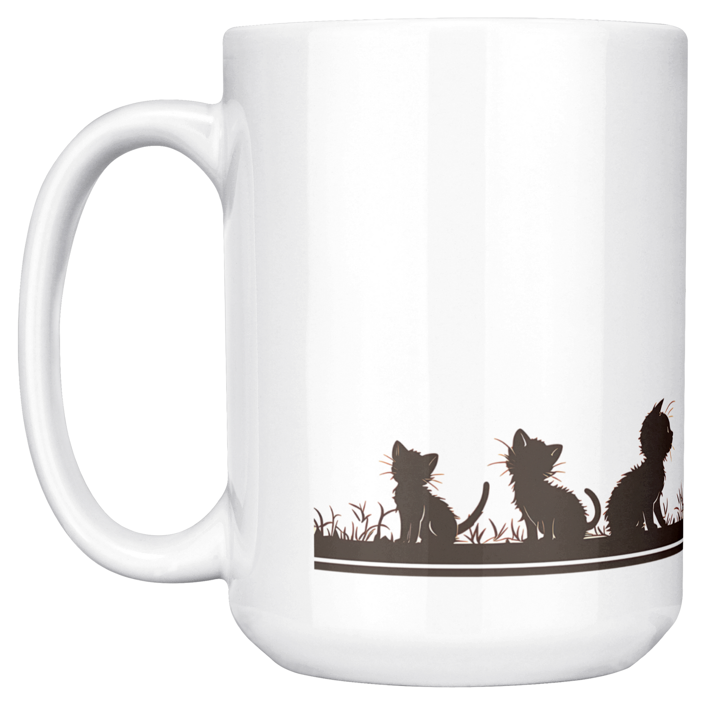 Charming white ceramic coffee mug featuring a heartwarming black silhouette design of a proud Papa cat watching over four playful kittens in a grassy setting. A butterfly flutters above, adding a whimsical touch to the peaceful scene. The wraparound artwork is beautifully printed across the surface, making it a perfect gift for cat Dad, feline lovers, or anyone who enjoys cozy mornings with a touch of pet-inspired charm. Durable, high-quality mug ideal for daily use or gifting.
