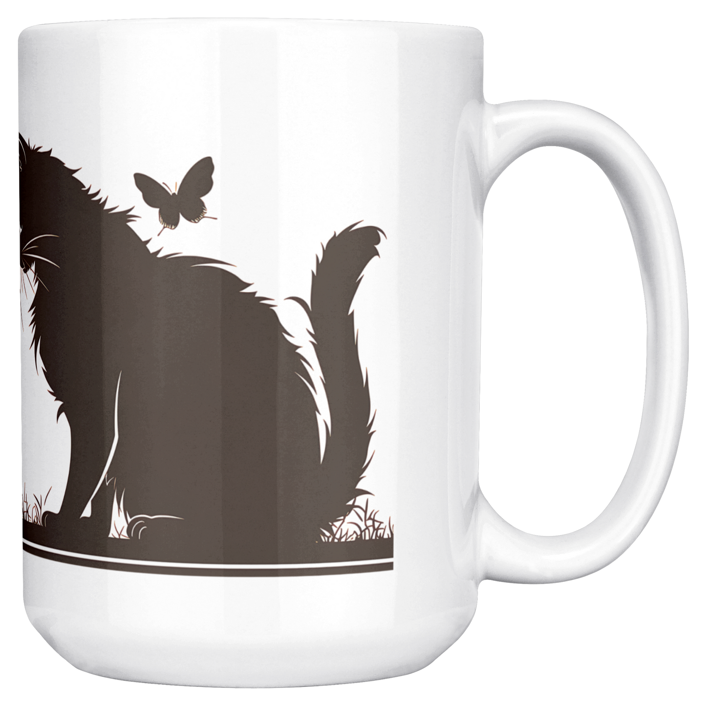 Charming white ceramic coffee mug featuring a heartwarming black silhouette design of a proud Papa cat watching over four playful kittens in a grassy setting. A butterfly flutters above, adding a whimsical touch to the peaceful scene. The wraparound artwork is beautifully printed across the surface, making it a perfect gift for cat Dad, feline lovers, or anyone who enjoys cozy mornings with a touch of pet-inspired charm. Durable, high-quality mug ideal for daily use or gifting.