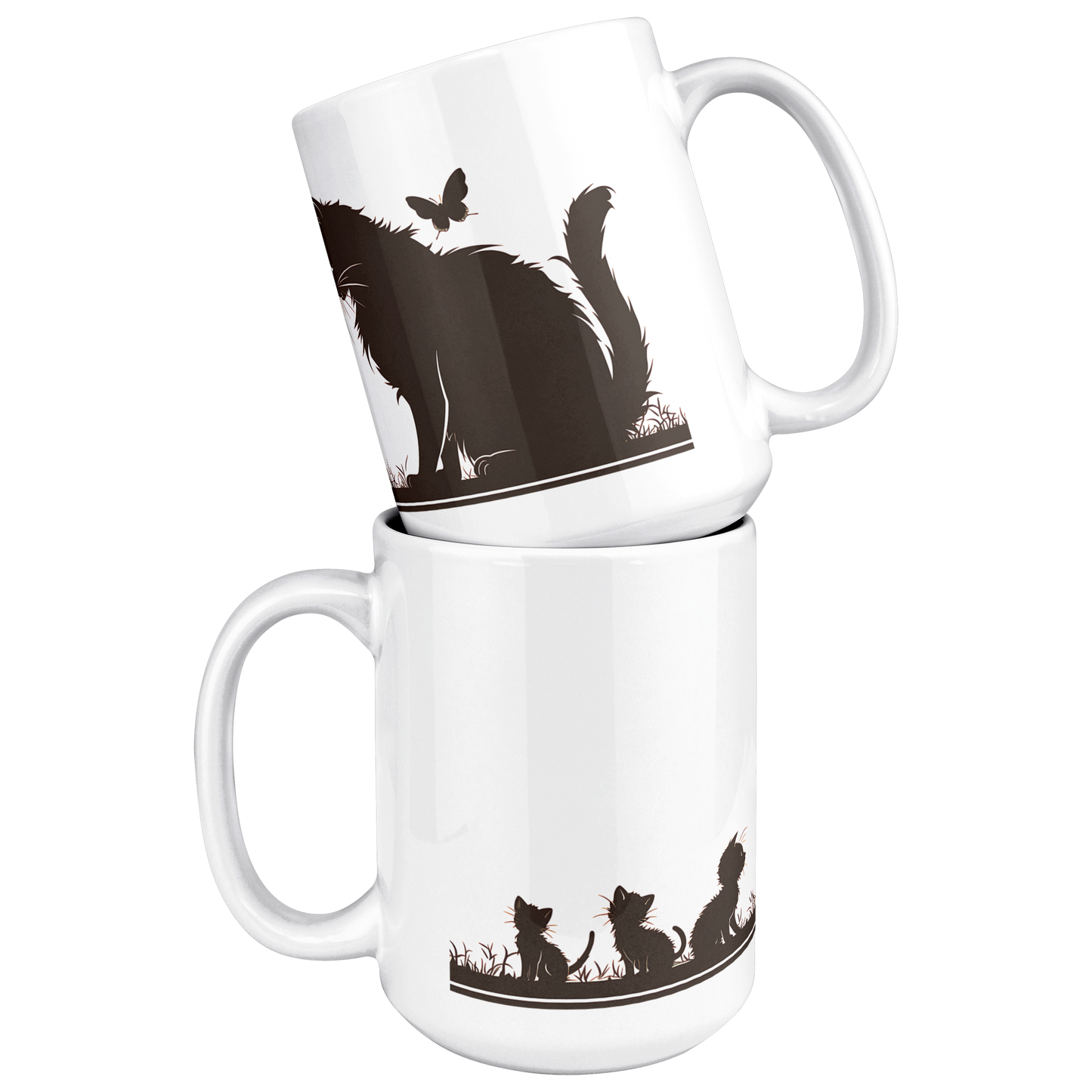 Charming white ceramic coffee mug featuring a heartwarming black silhouette design of a proud Papa cat watching over four playful kittens in a grassy setting. A butterfly flutters above, adding a whimsical touch to the peaceful scene. The wraparound artwork is beautifully printed across the surface, making it a perfect gift for cat Dad, feline lovers, or anyone who enjoys cozy mornings with a touch of pet-inspired charm. Durable, high-quality mug ideal for daily use or gifting.