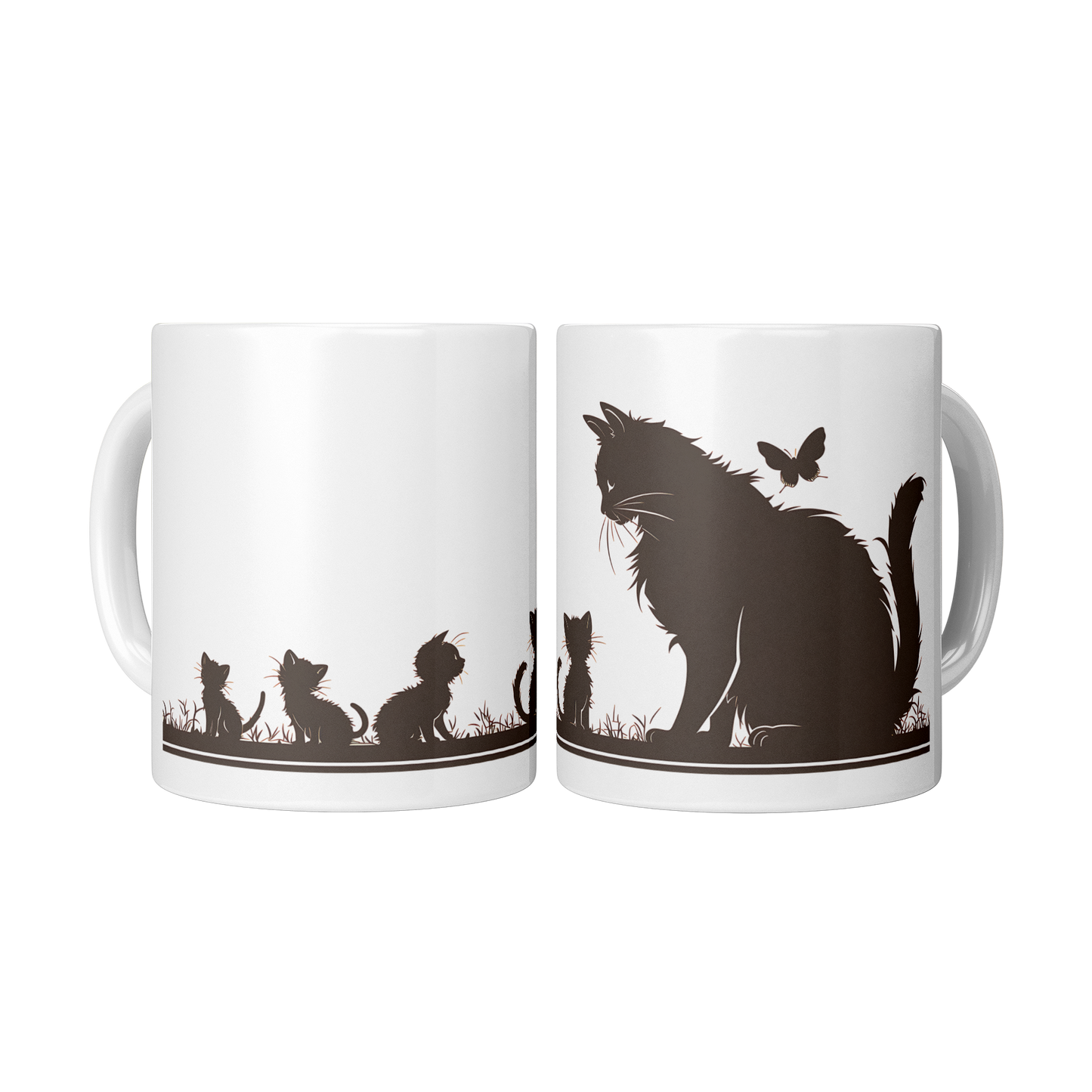 Charming white ceramic coffee mug featuring a heartwarming black silhouette design of a proud Papa cat watching over four playful kittens in a grassy setting. A butterfly flutters above, adding a whimsical touch to the peaceful scene. The wraparound artwork is beautifully printed across the surface, making it a perfect gift for cat Dad, feline lovers, or anyone who enjoys cozy mornings with a touch of pet-inspired charm. Durable, high-quality mug ideal for daily use or gifting.