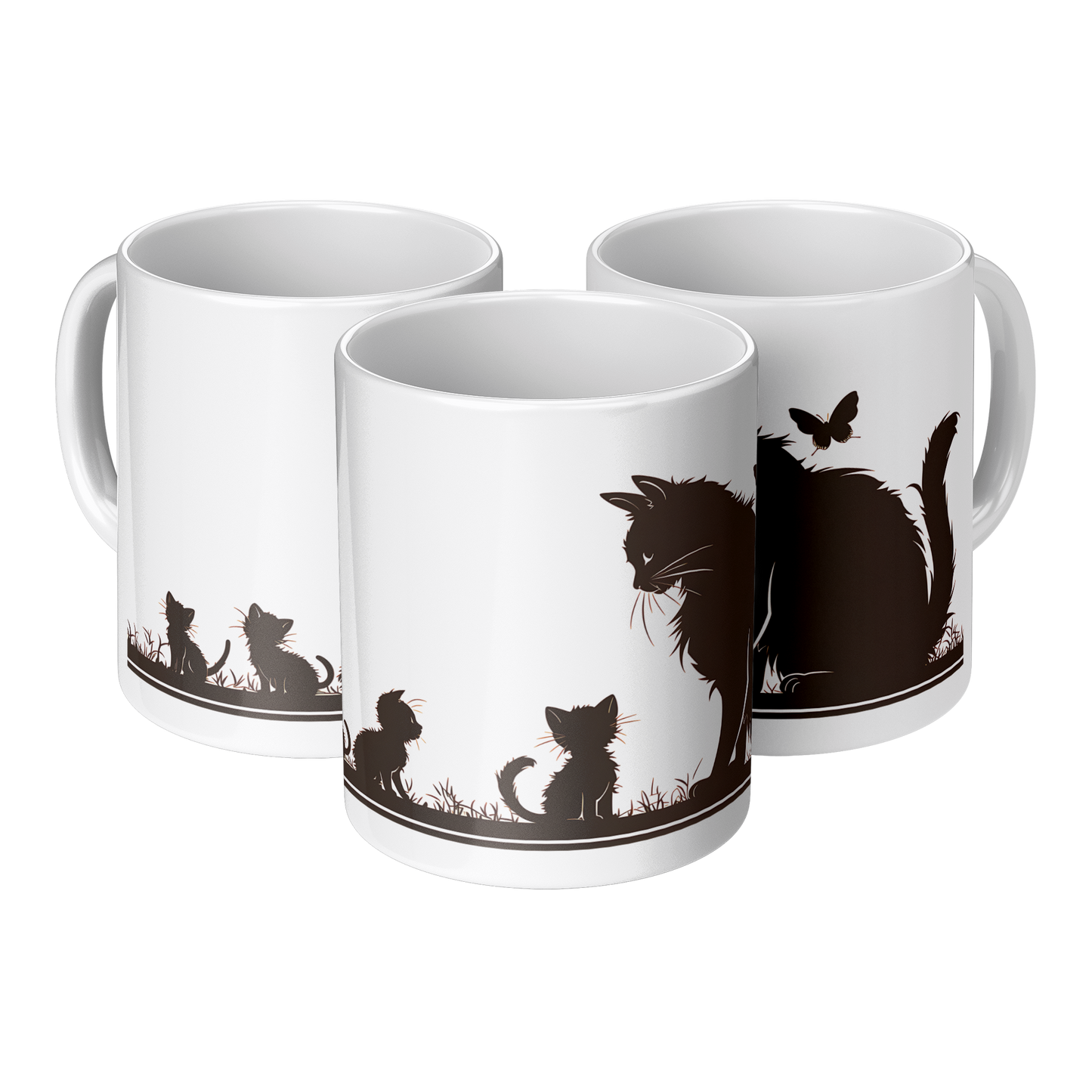 Charming white ceramic coffee mug featuring a heartwarming black silhouette design of a proud Papa cat watching over four playful kittens in a grassy setting. A butterfly flutters above, adding a whimsical touch to the peaceful scene. The wraparound artwork is beautifully printed across the surface, making it a perfect gift for cat Dad, feline lovers, or anyone who enjoys cozy mornings with a touch of pet-inspired charm. Durable, high-quality mug ideal for daily use or gifting.