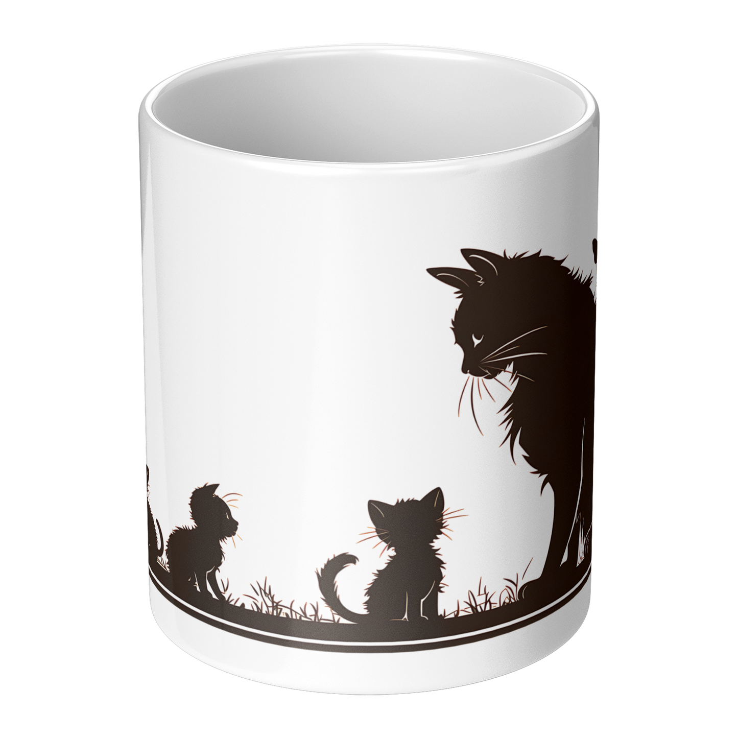 Charming white ceramic coffee mug featuring a heartwarming black silhouette design of a proud Papa cat watching over four playful kittens in a grassy setting. A butterfly flutters above, adding a whimsical touch to the peaceful scene. The wraparound artwork is beautifully printed across the surface, making it a perfect gift for cat Dad, feline lovers, or anyone who enjoys cozy mornings with a touch of pet-inspired charm. Durable, high-quality mug ideal for daily use or gifting.