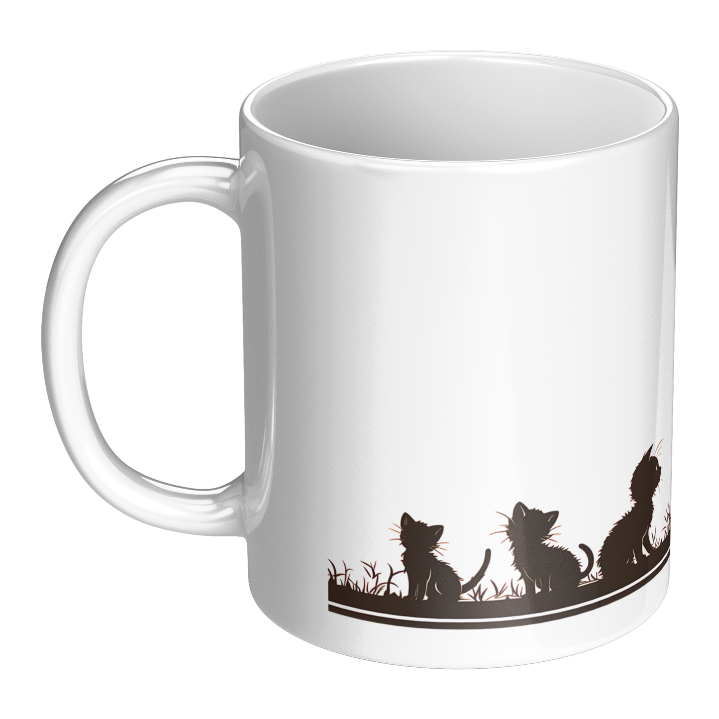 Charming white ceramic coffee mug featuring a heartwarming black silhouette design of a proud Papa cat watching over four playful kittens in a grassy setting. A butterfly flutters above, adding a whimsical touch to the peaceful scene. The wraparound artwork is beautifully printed across the surface, making it a perfect gift for cat Dad, feline lovers, or anyone who enjoys cozy mornings with a touch of pet-inspired charm. Durable, high-quality mug ideal for daily use or gifting.