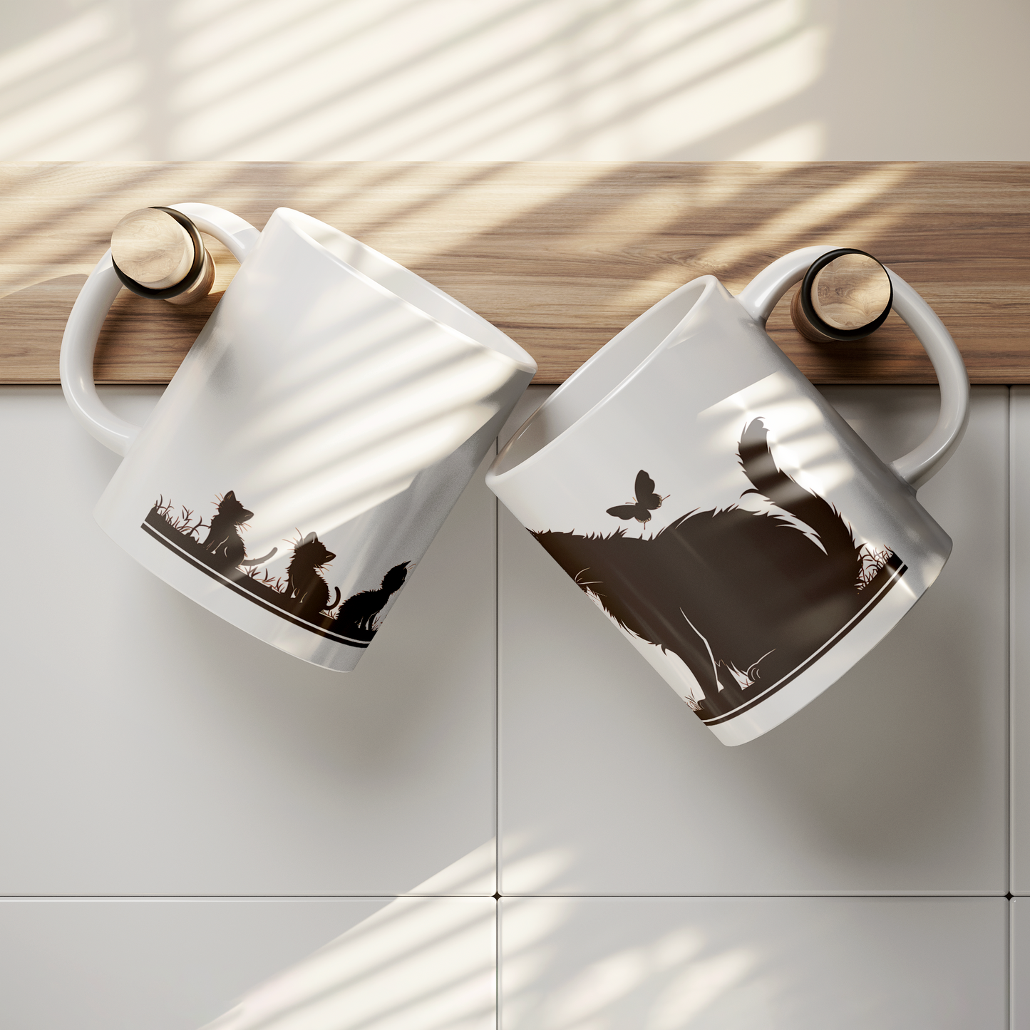 Charming white ceramic coffee mug featuring a heartwarming black silhouette design of a proud Papa cat watching over four playful kittens in a grassy setting. A butterfly flutters above, adding a whimsical touch to the peaceful scene. The wraparound artwork is beautifully printed across the surface, making it a perfect gift for cat Dad, feline lovers, or anyone who enjoys cozy mornings with a touch of pet-inspired charm. Durable, high-quality mug ideal for daily use or gifting.