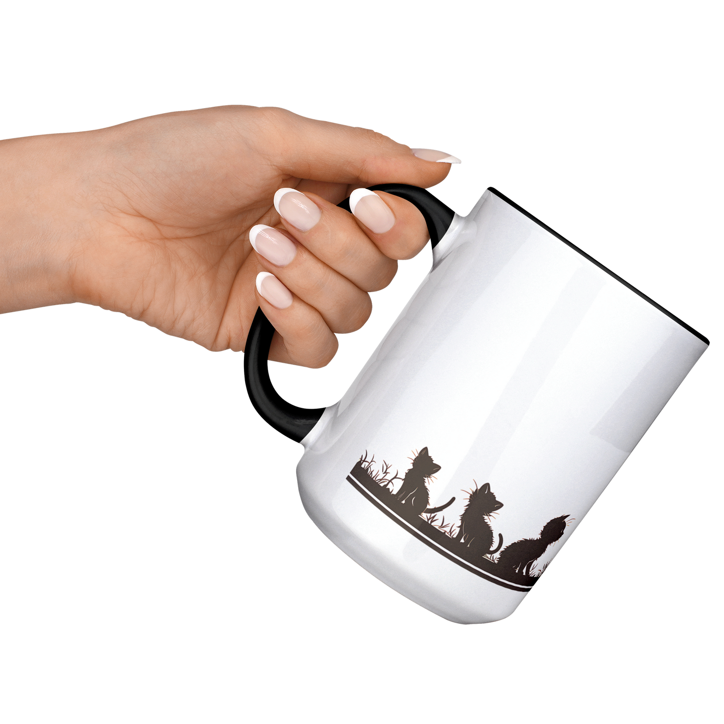 Stylish white ceramic mug with black handle and interior, featuring a wraparound black silhouette design of a papa cat sitting serenely with four playful kittens in a grassy meadow. A butterfly hovers gently above, adding a whimsical charm to the heartwarming scene. The artwork spans the full circumference of the mug, making it visually engaging from all angles. Perfect gift for cat dads, feline lovers, and anyone who appreciates cozy, artistic, pet-themed drinkware. Durable and dishwasher-safe.