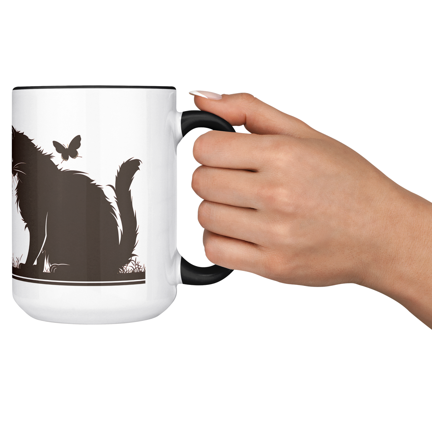 Stylish white ceramic mug with black handle and interior, featuring a wraparound black silhouette design of a papa cat sitting serenely with four playful kittens in a grassy meadow. A butterfly hovers gently above, adding a whimsical charm to the heartwarming scene. The artwork spans the full circumference of the mug, making it visually engaging from all angles. Perfect gift for cat dads, feline lovers, and anyone who appreciates cozy, artistic, pet-themed drinkware. Durable and dishwasher-safe.