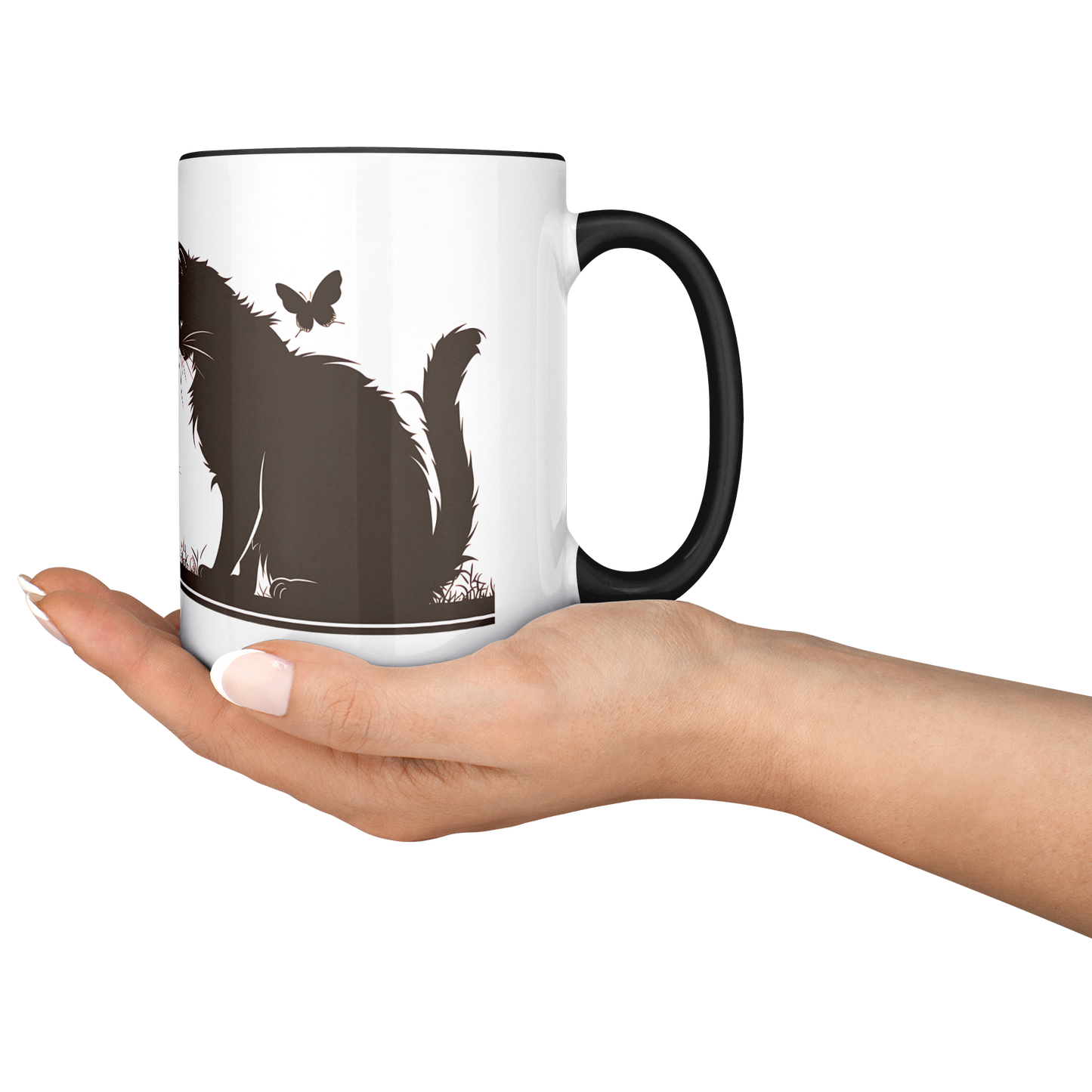 Stylish white ceramic mug with black handle and interior, featuring a wraparound black silhouette design of a papa cat sitting serenely with four playful kittens in a grassy meadow. A butterfly hovers gently above, adding a whimsical charm to the heartwarming scene. The artwork spans the full circumference of the mug, making it visually engaging from all angles. Perfect gift for cat dads, feline lovers, and anyone who appreciates cozy, artistic, pet-themed drinkware. Durable and dishwasher-safe.