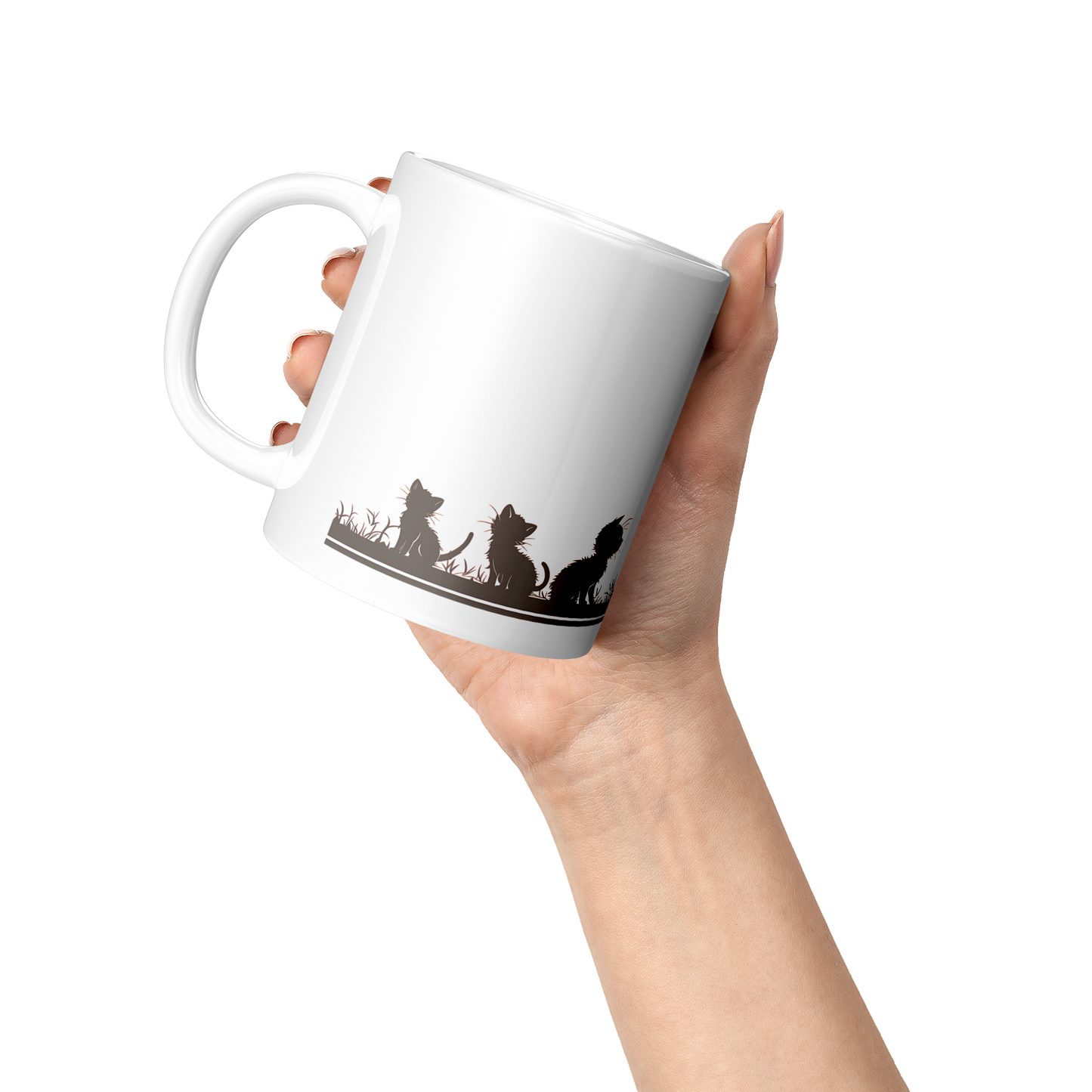 Charming white ceramic coffee mug featuring a heartwarming black silhouette design of a proud Papa cat watching over four playful kittens in a grassy setting. A butterfly flutters above, adding a whimsical touch to the peaceful scene. The wraparound artwork is beautifully printed across the surface, making it a perfect gift for cat Dad, feline lovers, or anyone who enjoys cozy mornings with a touch of pet-inspired charm. Durable, high-quality mug ideal for daily use or gifting.