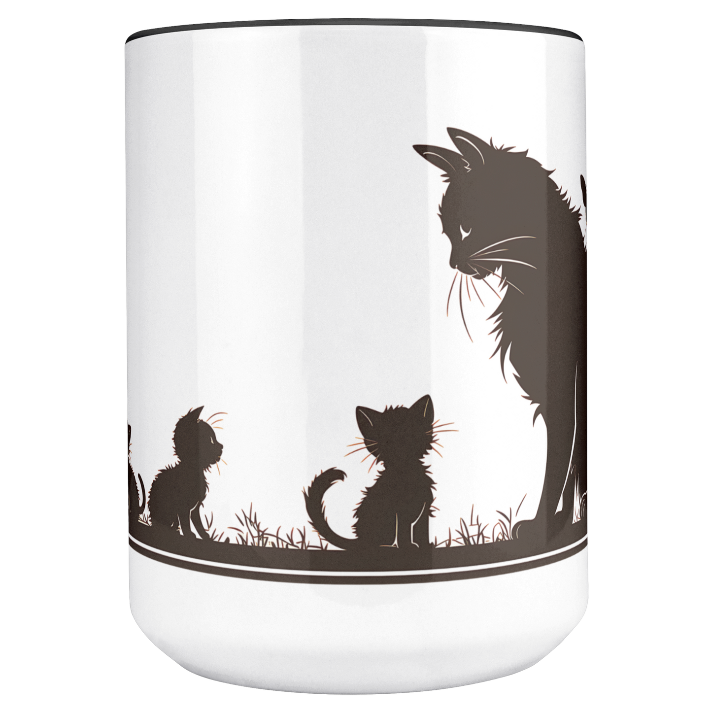Stylish white ceramic mug with black handle and interior, featuring a wraparound black silhouette design of a papa cat sitting serenely with four playful kittens in a grassy meadow. A butterfly hovers gently above, adding a whimsical charm to the heartwarming scene. The artwork spans the full circumference of the mug, making it visually engaging from all angles. Perfect gift for cat dads, feline lovers, and anyone who appreciates cozy, artistic, pet-themed drinkware. Durable and dishwasher-safe.