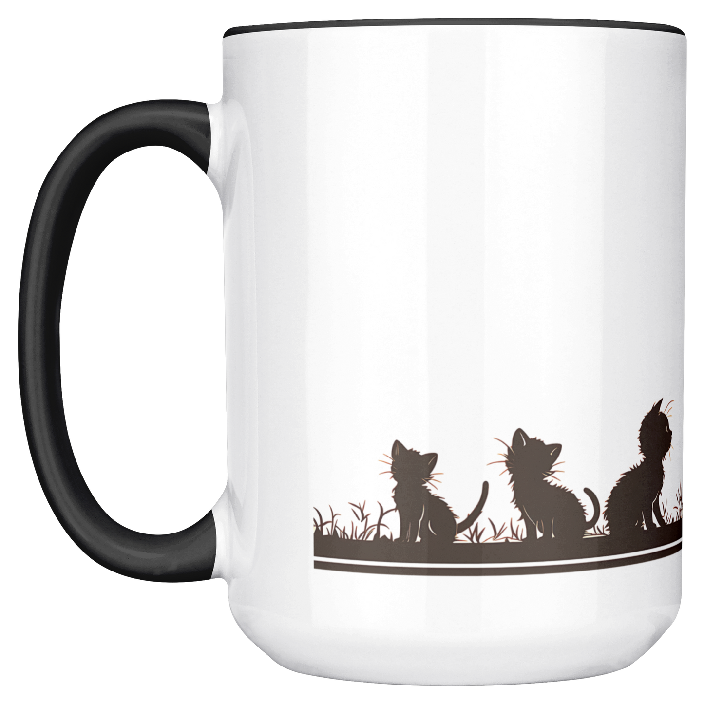 Stylish white ceramic mug with black handle and interior, featuring a wraparound black silhouette design of a papa cat sitting serenely with four playful kittens in a grassy meadow. A butterfly hovers gently above, adding a whimsical charm to the heartwarming scene. The artwork spans the full circumference of the mug, making it visually engaging from all angles. Perfect gift for cat dads, feline lovers, and anyone who appreciates cozy, artistic, pet-themed drinkware. Durable and dishwasher-safe.