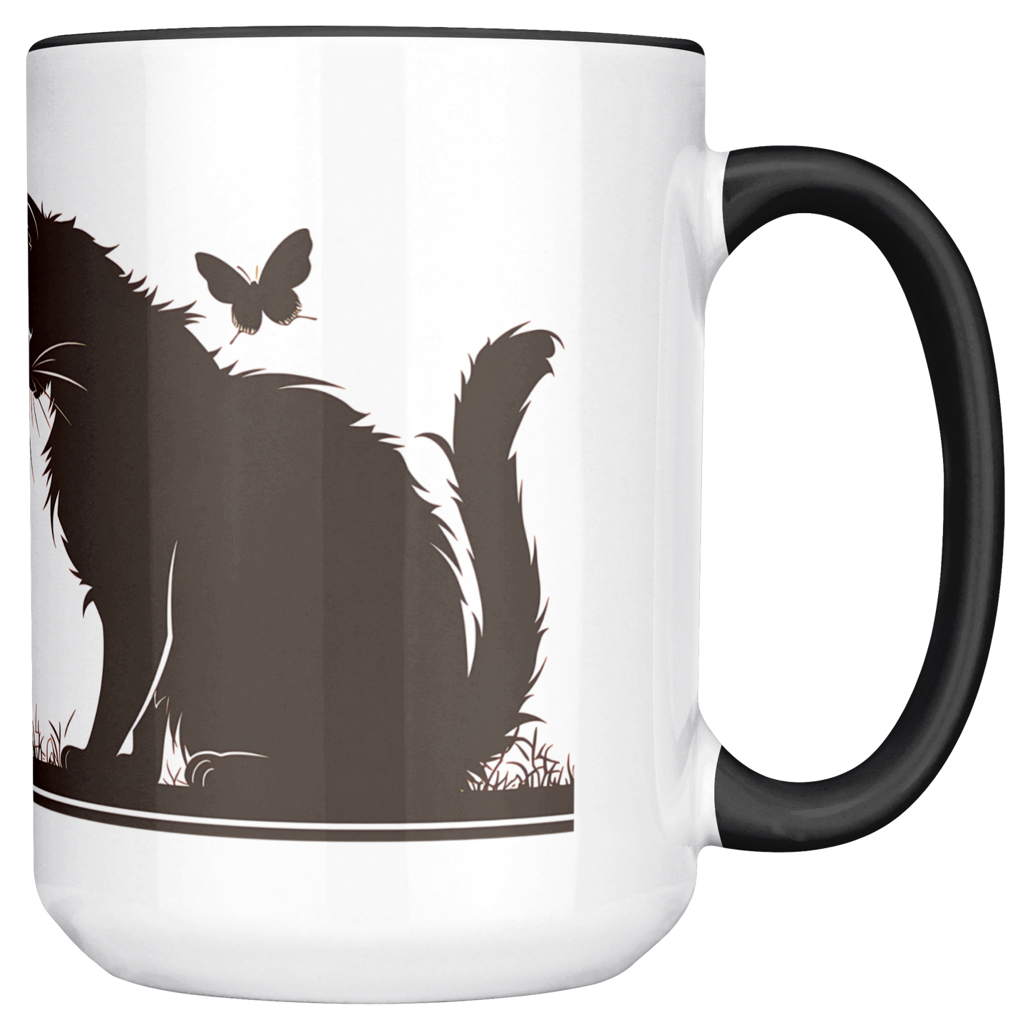 Stylish white ceramic mug with black handle and interior, featuring a wraparound black silhouette design of a papa cat sitting serenely with four playful kittens in a grassy meadow. A butterfly hovers gently above, adding a whimsical charm to the heartwarming scene. The artwork spans the full circumference of the mug, making it visually engaging from all angles. Perfect gift for cat dads, feline lovers, and anyone who appreciates cozy, artistic, pet-themed drinkware. Durable and dishwasher-safe.