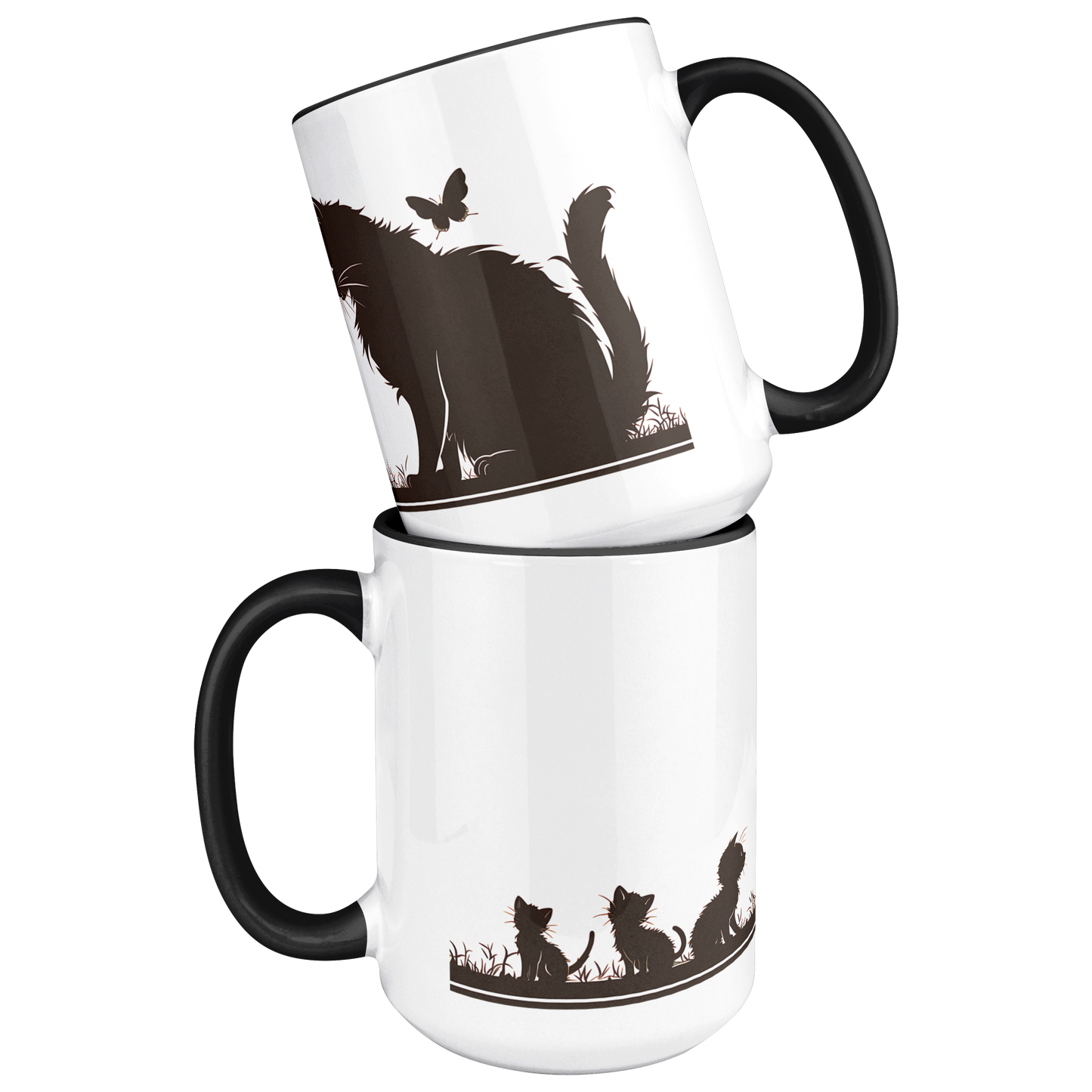 Stylish white ceramic mug with black handle and interior, featuring a wraparound black silhouette design of a papa cat sitting serenely with four playful kittens in a grassy meadow. A butterfly hovers gently above, adding a whimsical charm to the heartwarming scene. The artwork spans the full circumference of the mug, making it visually engaging from all angles. Perfect gift for cat dads, feline lovers, and anyone who appreciates cozy, artistic, pet-themed drinkware. Durable and dishwasher-safe.