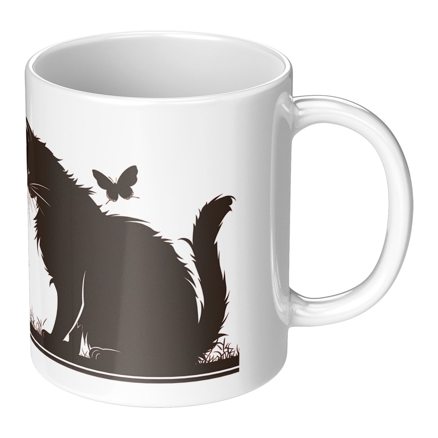 Charming white ceramic coffee mug featuring a heartwarming black silhouette design of a proud Papa cat watching over four playful kittens in a grassy setting. A butterfly flutters above, adding a whimsical touch to the peaceful scene. The wraparound artwork is beautifully printed across the surface, making it a perfect gift for cat Dad, feline lovers, or anyone who enjoys cozy mornings with a touch of pet-inspired charm. Durable, high-quality mug ideal for daily use or gifting.