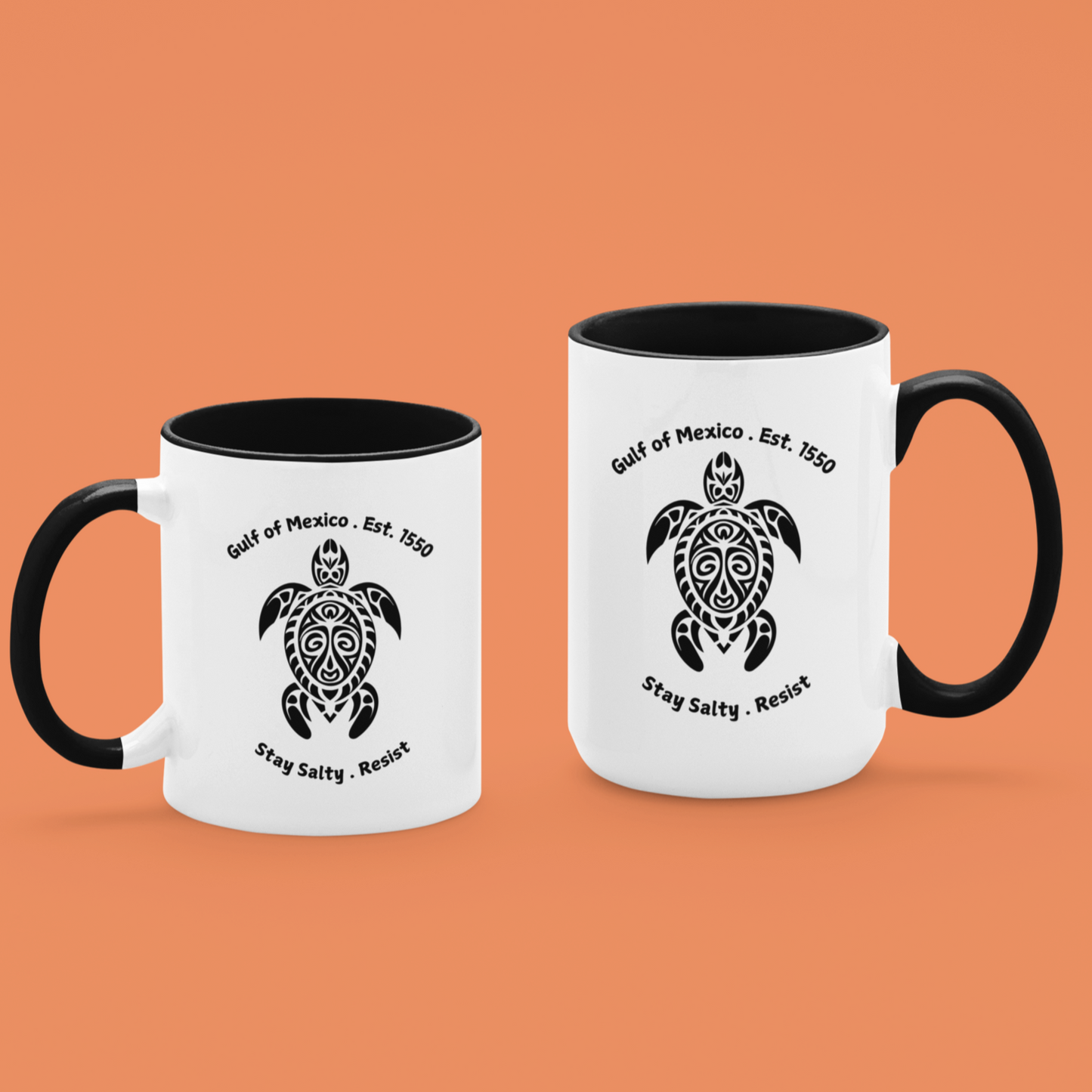 15 oz White ceramic coffee mug with a glossy black handle and interior, featuring a bold tribal-style sea turtle design in black. Above the turtle, the text reads “Gulf of Mexico · Est. 1550” and below, “Stay Salty · Resist.” Perfect for ocean lovers, activists, or anyone drawn to coastal vibes and resilient spirit. The unique turtle artwork adds a cultural, eco-conscious touch, making it an ideal gift or personal keepsake.