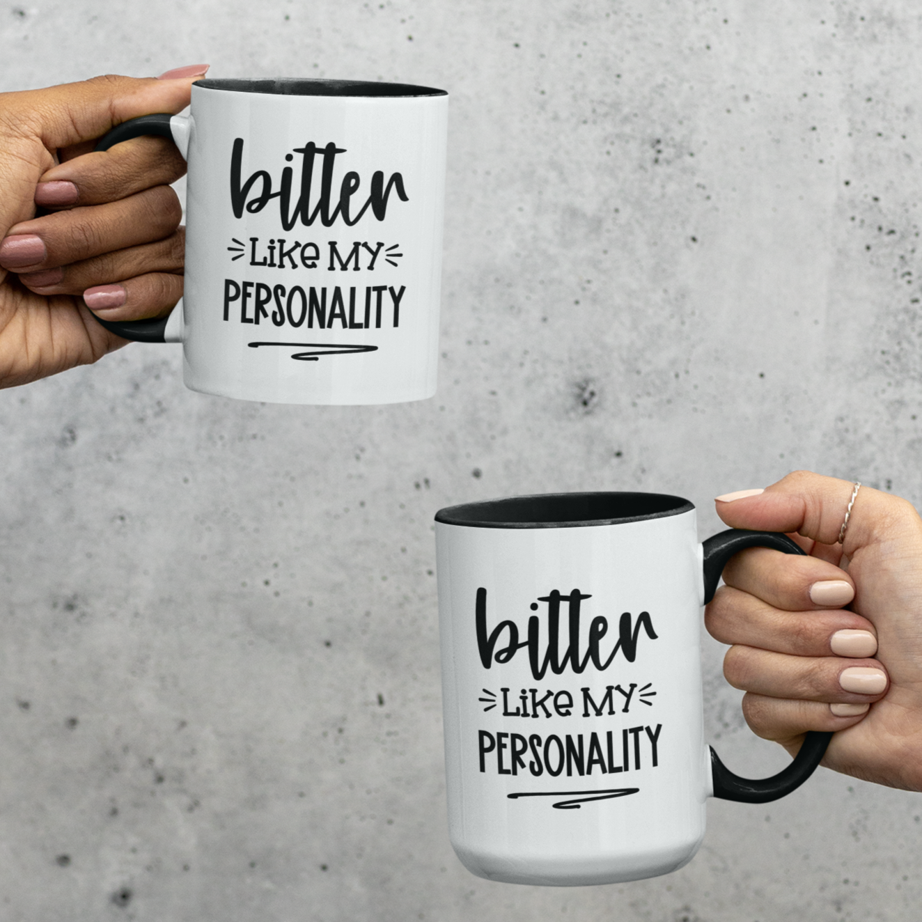 White ceramic mug with a sleek black handle and rim, featuring the bold, sarcastic quote “bitter like my personality” in a stylish black font. Perfect for lovers of dry humor and coffee with a bite, this mug adds a fun edge to your morning routine.
