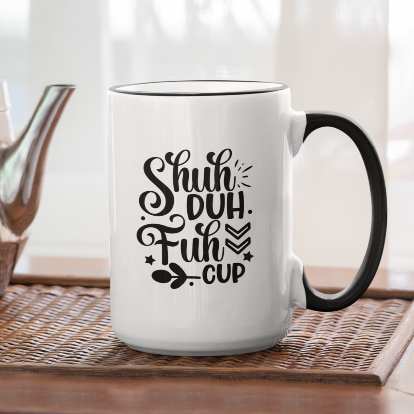 Bold and cheeky white ceramic mug with a black handle and rim, featuring the humorous phrase “Shuh Duh Fuh Cup” in a playful black script with decorative arrows, stars, and leaves. This mug is perfect for coffee lovers with a sarcastic sense of humor. Durable, dishwasher and microwave safe—ideal for gifting or enjoying your morning brew with a side of sass.