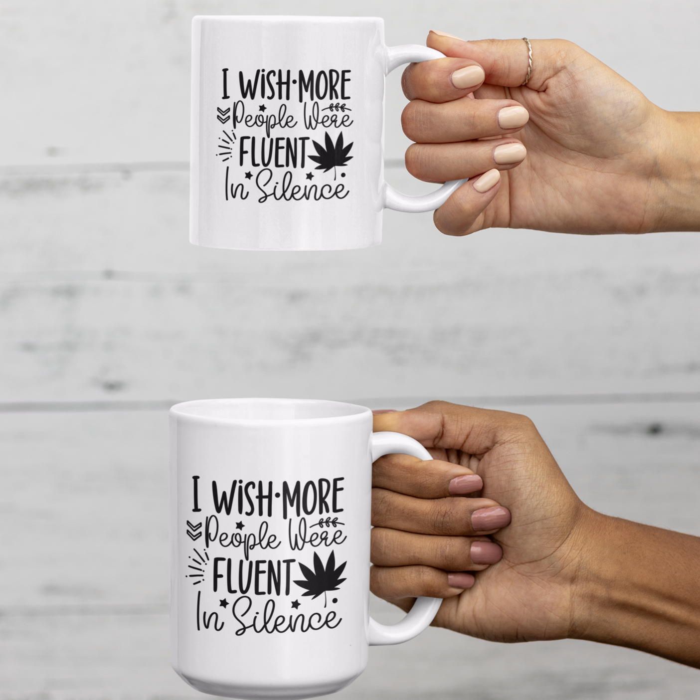 Stylish white ceramic mug with a sassy black text design that reads, “I wish more people were fluent in silence,” accented with playful stars, leaves, and a bold graphic of a maple leaf. Minimalist aesthetic—perfect for introverts, deep thinkers, or anyone who values peace and quiet. Durable, dishwasher-safe, and great for gifting or personal use with hot beverages like coffee or tea.