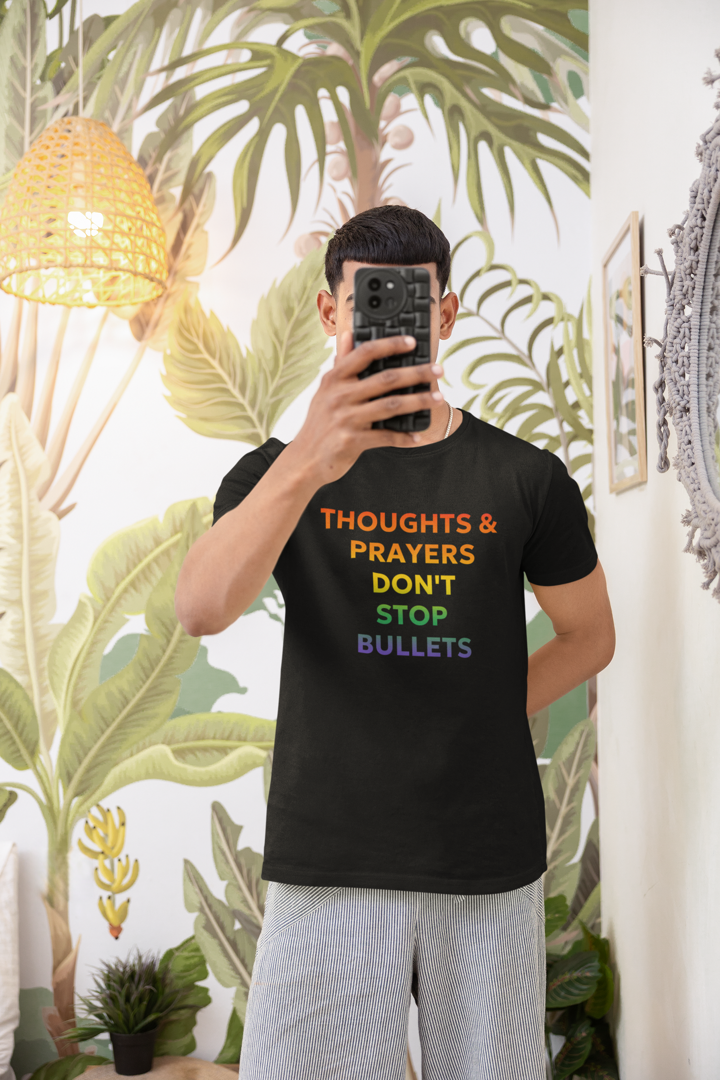 Rainbow Ombre Cotton Tee - 'Thoughts & Prayers Don't Stop Bullets" Bold Print - High Quality T-Shirt for Gun Reform Support