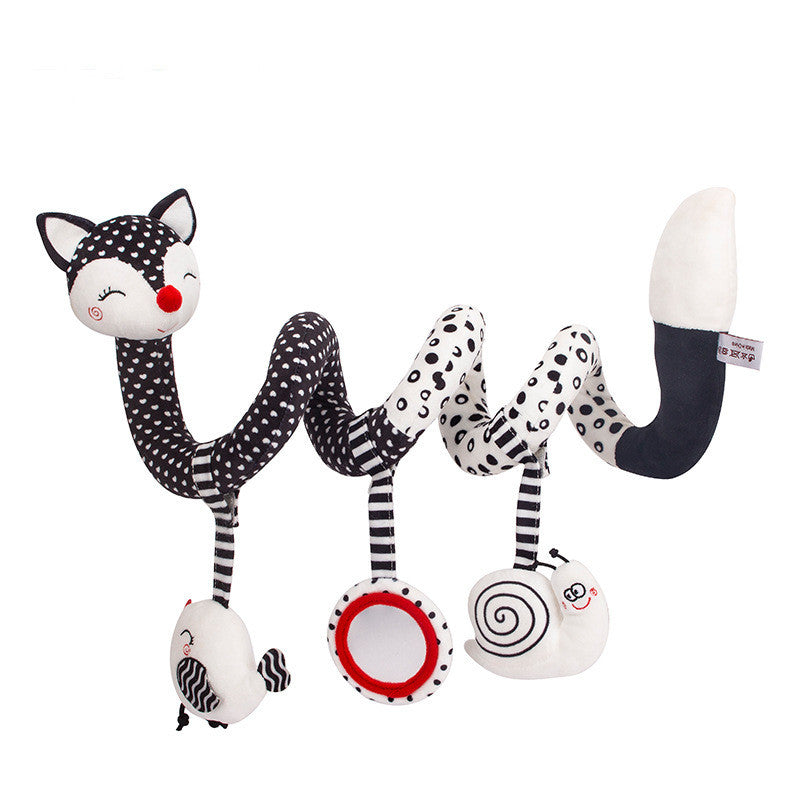 image of black and white spiral cat toy with black ears on the cat