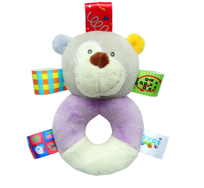 grey and purple plush bear rattle with circular plush handle for the body and multicolor sensory tags attached