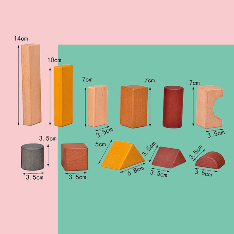blocks shown in their various dimensions. Rectangular with lengths 14, 10 and 7cm. cylinder and arch in 7 cm and small cylinder, cube and triangle and half circle in 3.5 cm and 1 triangle in 5cm
