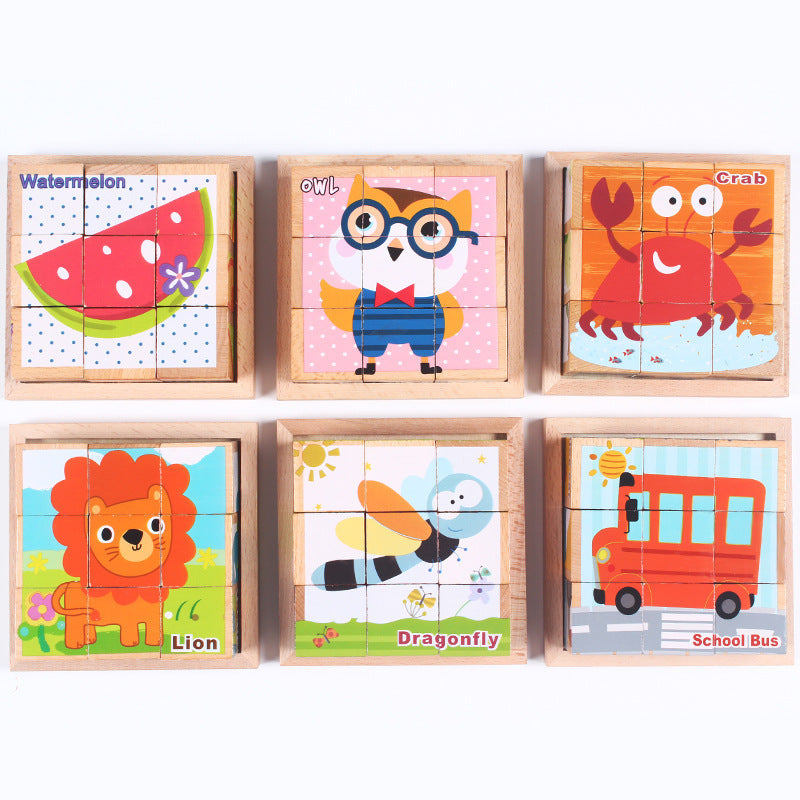 image of 6 different puzzles with watermelon, owl, crab, lion, dragonfly and school bus