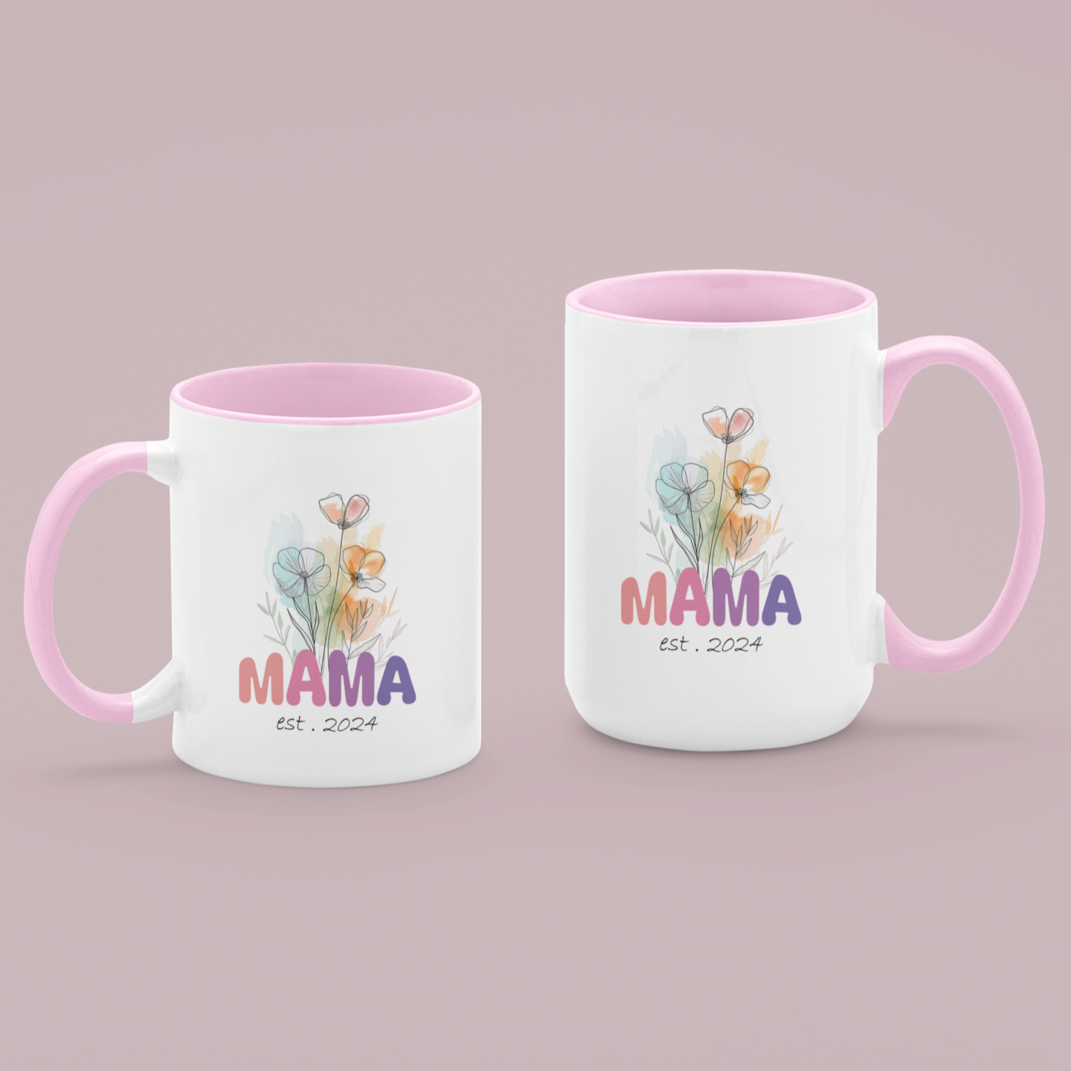 Adorable 11 & 15 oz white ceramic coffee mug with a glossy finish, featuring a soft pink interior and matching pink handle. The design showcases a delicate watercolor floral bouquet above the word “MAMA” in cheerful gradient tones from pink to purple, with the text “est. 2024” in a stylish handwritten script below. This mug is a perfect gift for new moms celebrating their first Mother's Day or a sweet keepsake marking the beginning of their motherhood journey.