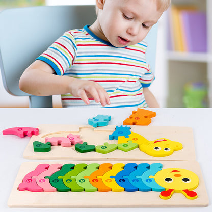 child playing with multicolor caterpillar puzzle