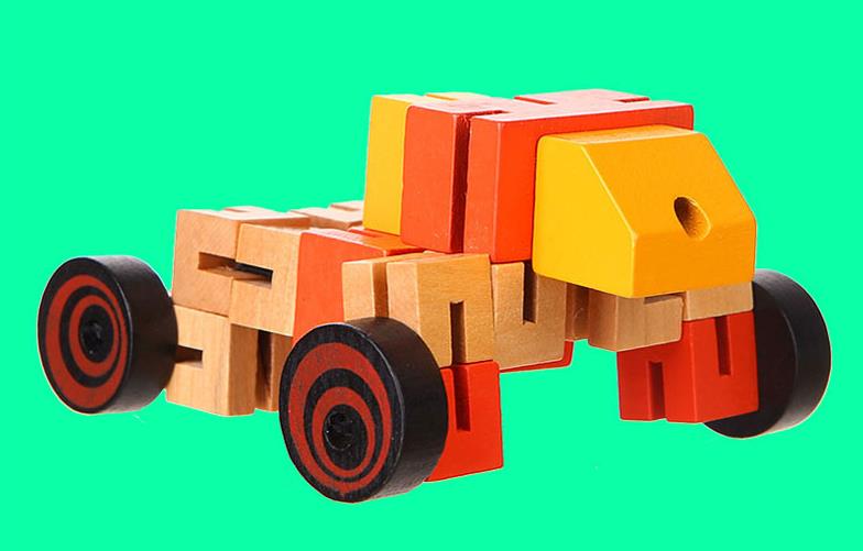 Orange wooden robot transformed into a car