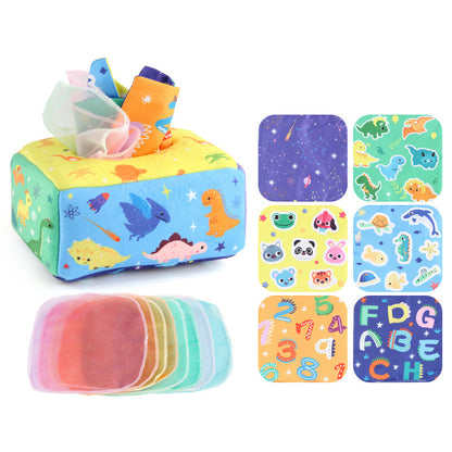multicolor tissue box made of fabric with dinosaur and animals, ocean creatures, numbers, letters and space tissues