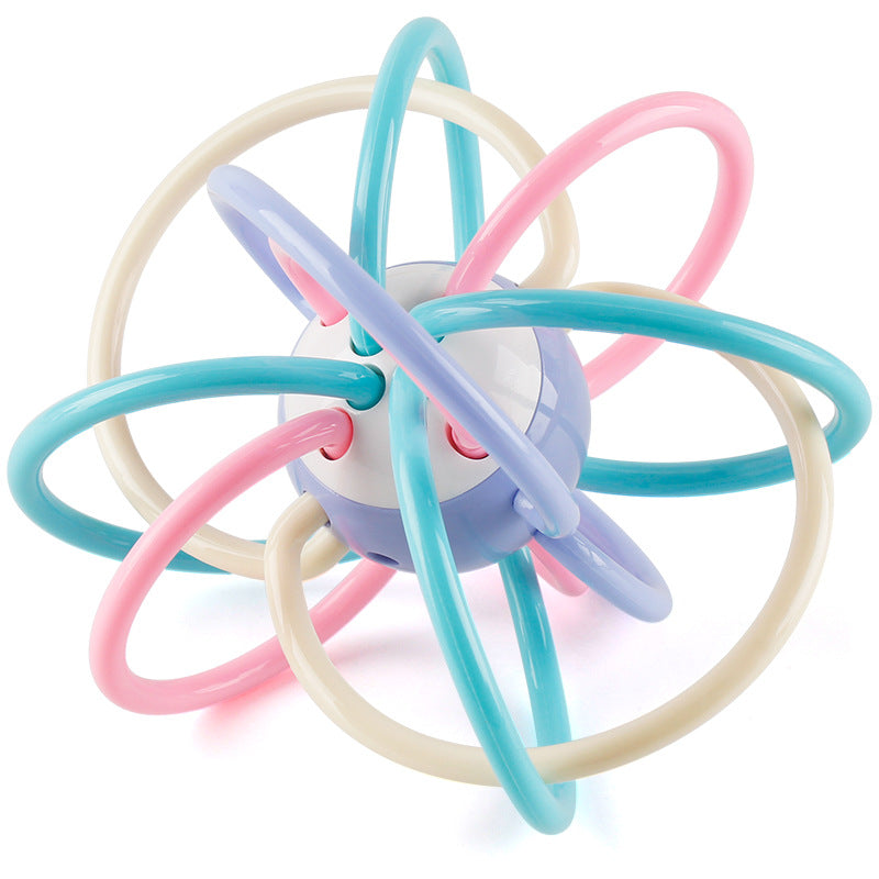 image of easy grip teether on white background. item has 4 pastel colors in pink, purple, aqua and cream