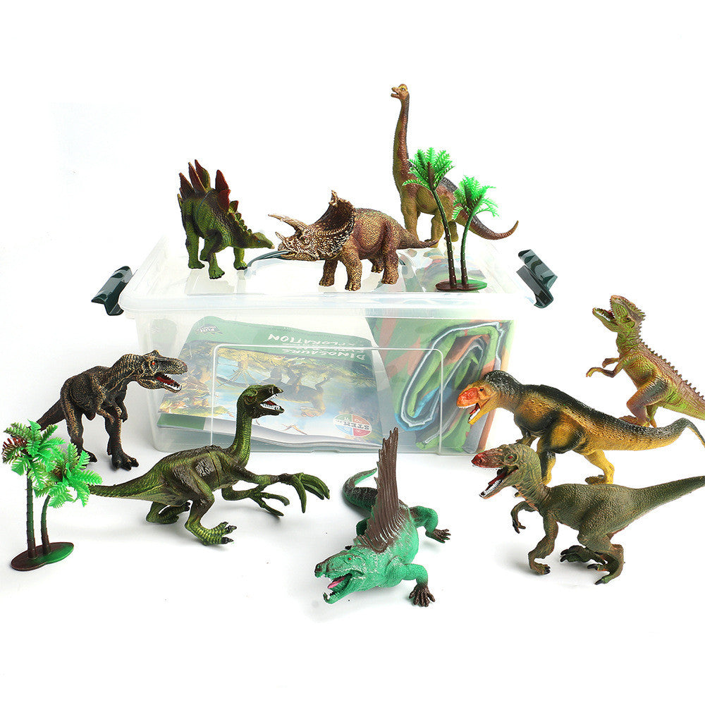This image shows the mat rolled up in a container and 9 plastic dinosaurs of various types and two sets of palm trees