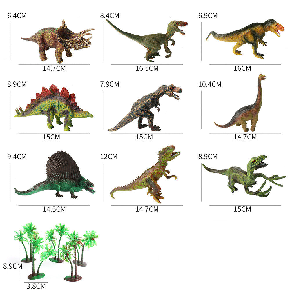 this shows the dimensions of each one of the dinosaurs which range in size. The smallest is 6.4 cm x 14.7 cm and the largest is 8.9 cm x 15 cm