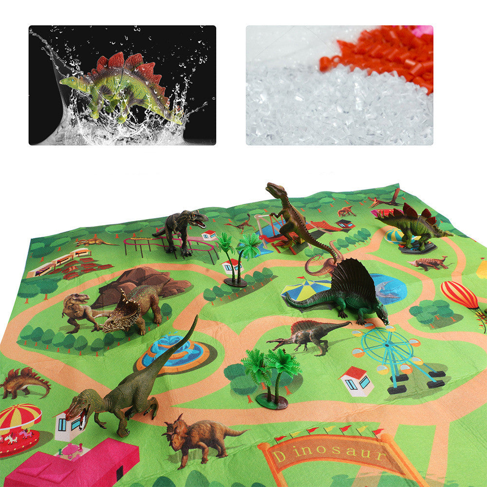 This image is of the playmat from above with the various dinosaurs on it in different areas, It shows that the figures are waterproof