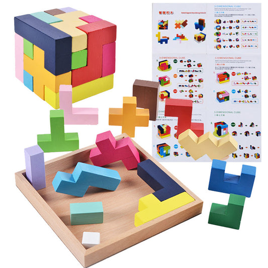 block set showing wooden box to hold the blocks, instruction sheet and blocks arranged in a cube