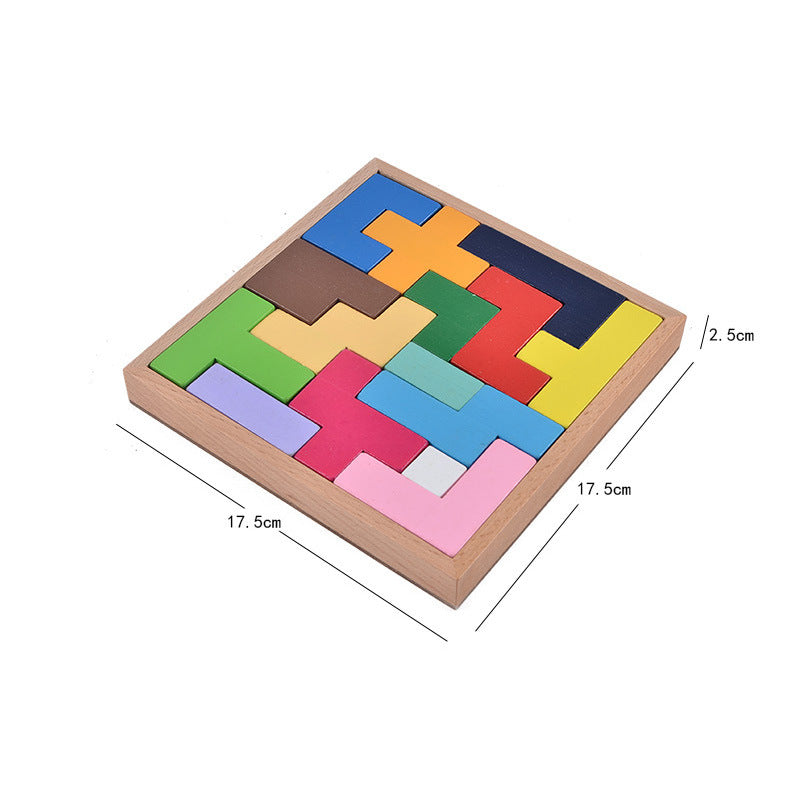 photo showing the flat puzzle in it's wooden frame with dimensions of 17.5 x 17.5 cm