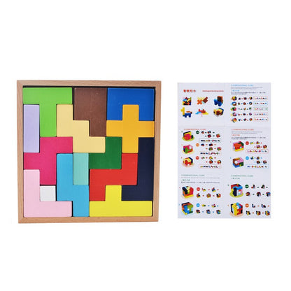 puzzle pieces with right angles shown in the shallow wooden box arranged along with an instruction sheet
