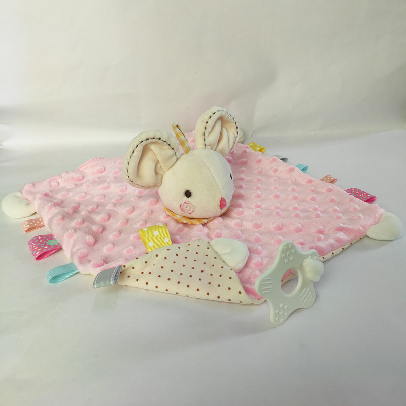 cream mouse plush head with pink chenille body and teething ring attached and multicolored tags