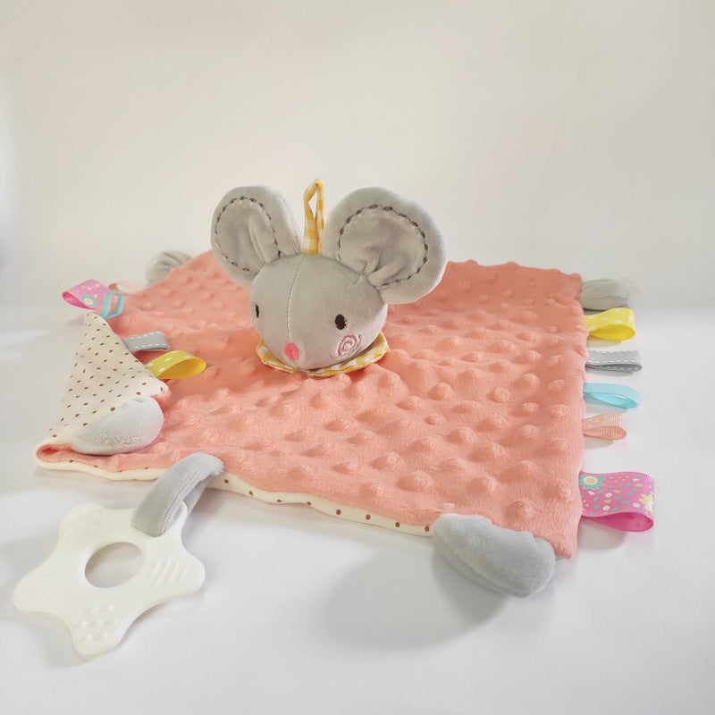 grey mouse plush head with peach chenille body and teething ring attached and multicolored tags