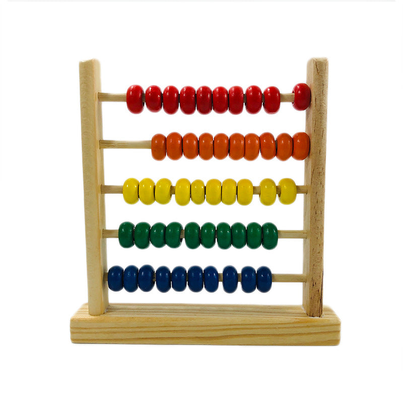 frontal view of abacus with red orange yellow green and blue beads in rows with some separated